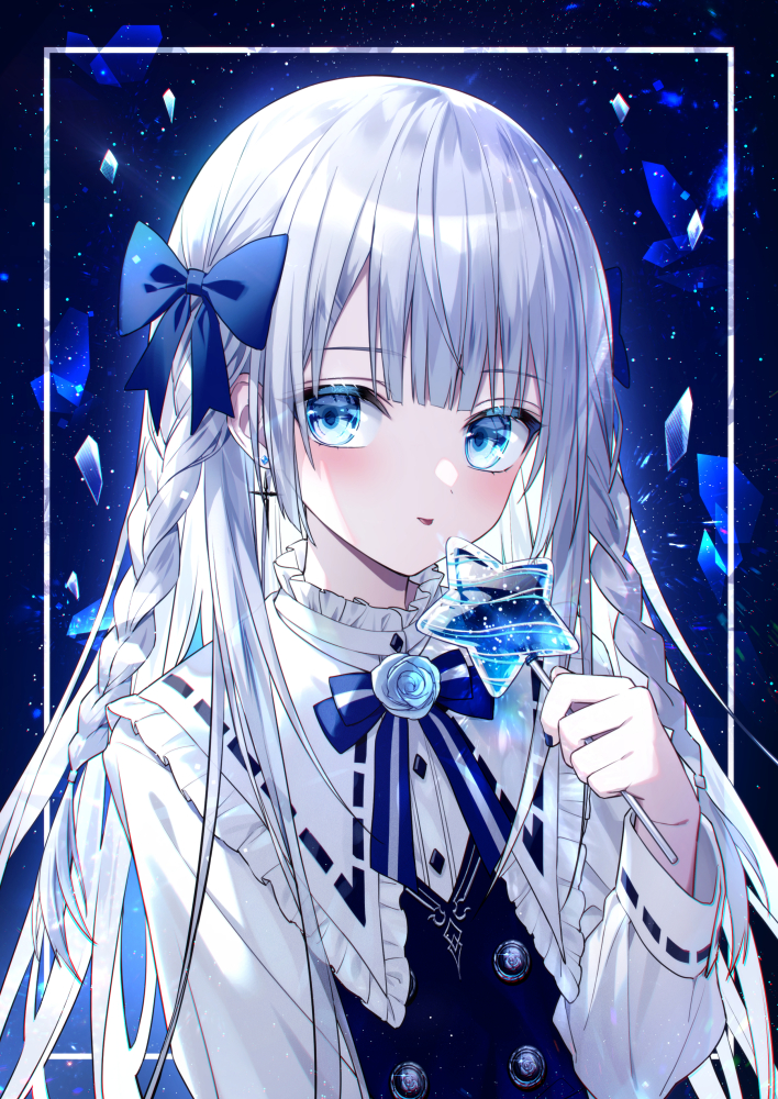 kazunehaka, original, 1girl, blue bow, blue eyes, blue ribbon, bow, braid, collar, cross, cross earrings, earrings, frilled collar, frilled sailor collar, frills, grey hair, hair bow, holding, holding wand, jewelry, long hair, long sleeves, ribbon, sailor collar, shirt, sleeves past wrists, solo, star wand, tongue, tongue out, twin braids, upper body, wand, white sailor collar, white shirt