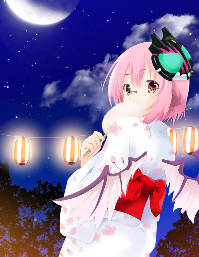 ogami kazuki, kamen rider decade, mystia lorelei, kamen rider, kamen rider dcd, touhou, bad id, bad pixiv id, 1girl, alternate costume, animal ears, bespectacled, character mask, cotton candy, female focus, festival, food, glasses, holding, holding cotton candy, holding food, japanese clothes, kimono, mask, mask on head, moon, pink eyes, pink hair, red-framed eyewear, sky, solo, wings