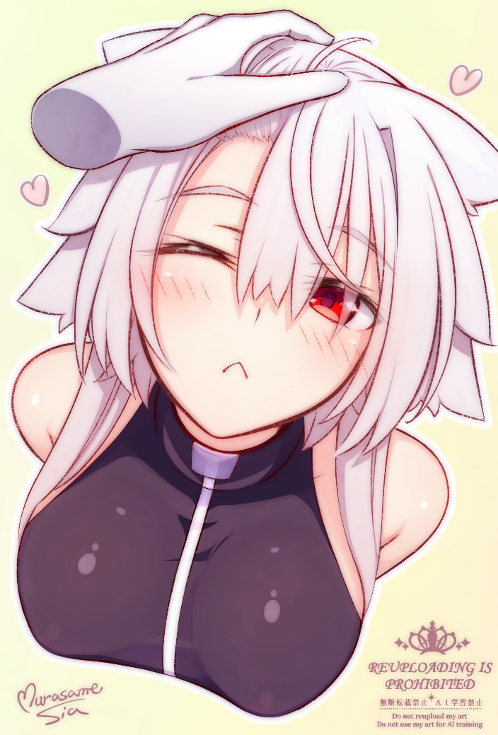 murasame shia, original, commentary request, 1girl, ;<, animal ear fluff, animal ears, bare shoulders, black jacket, blush, breasts, brown background, closed mouth, cropped torso, disembodied hand, grey hair, hair between eyes, headpat, jacket, large breasts, outline, red eyes, sideboob, signature, simple background, sleeveless, sleeveless jacket, solo focus, upper body, watermark, white outline