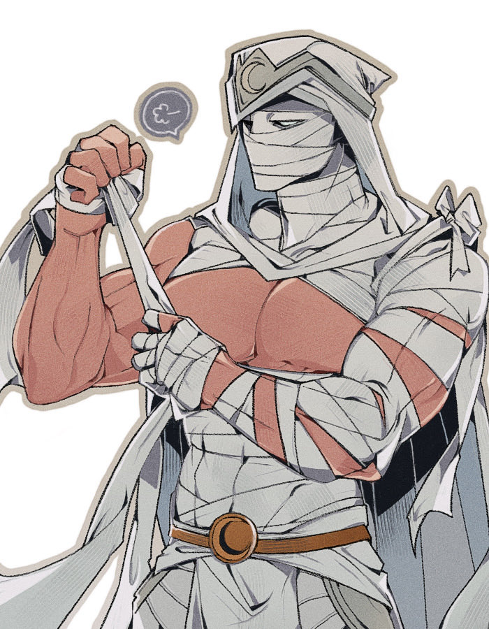 dotori 012, moon knight, marvel, marvel rivals, moon knight (disney+), korean commentary, 1boy, bandaged arm, bandaged torso, bandages, belt, cape, covered abs, male focus, muscular, muscular male, no pupils, pectorals, pelvic curtain, solo, speech bubble, white background, white cape, white eyes, white hood, white loincloth