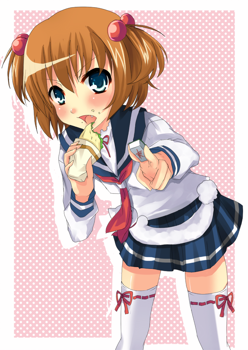 yuri (purinlove), kataoka yuuki, saki (manga), 00s, 1girl, board game, brown hair, eating, female focus, hair bobbles, hair ornament, holding, holding mahjong tile, mahjong, mahjong tile, school uniform, serafuku, solo, taco, thighhighs, twintails, two side up