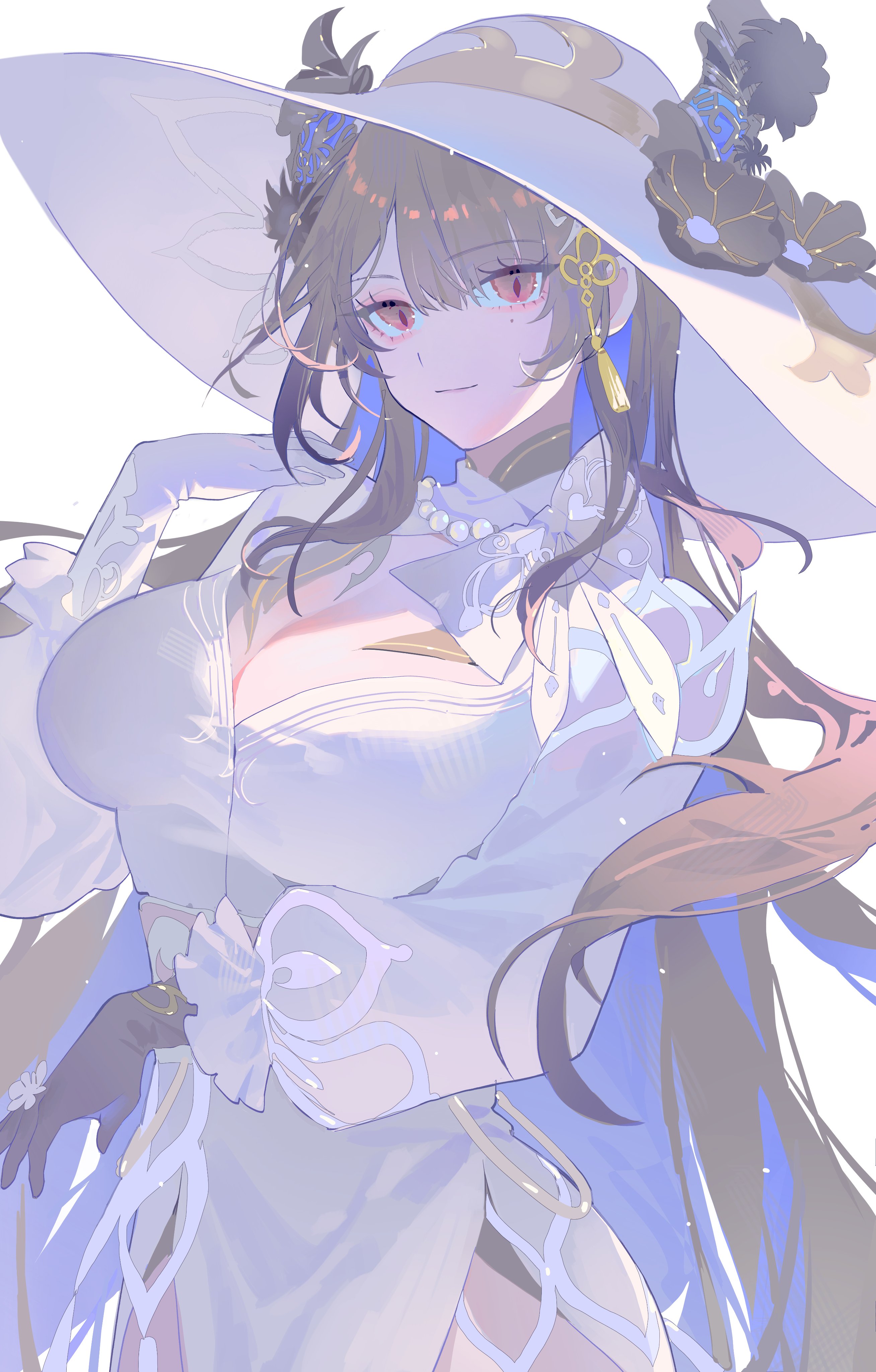 luzi/fengli nanzi, constance (honkai: star rail), nerissa ravencroft, hololive, hololive english, honkai: star rail, honkai (series), absurdres, highres, 1girl, asymmetrical horns, black gloves, black hair, blue hair, breasts, colored inner hair, constance (honkai: star rail) (cosplay), cosplay, dress, flower, frilled sleeves, frills, gloves, hat, hat flower, horns, horns through headwear, large breasts, long hair, looking at viewer, multicolored hair, puffy sleeves, red eyes, virtual youtuber, white dress, white gloves, white hat