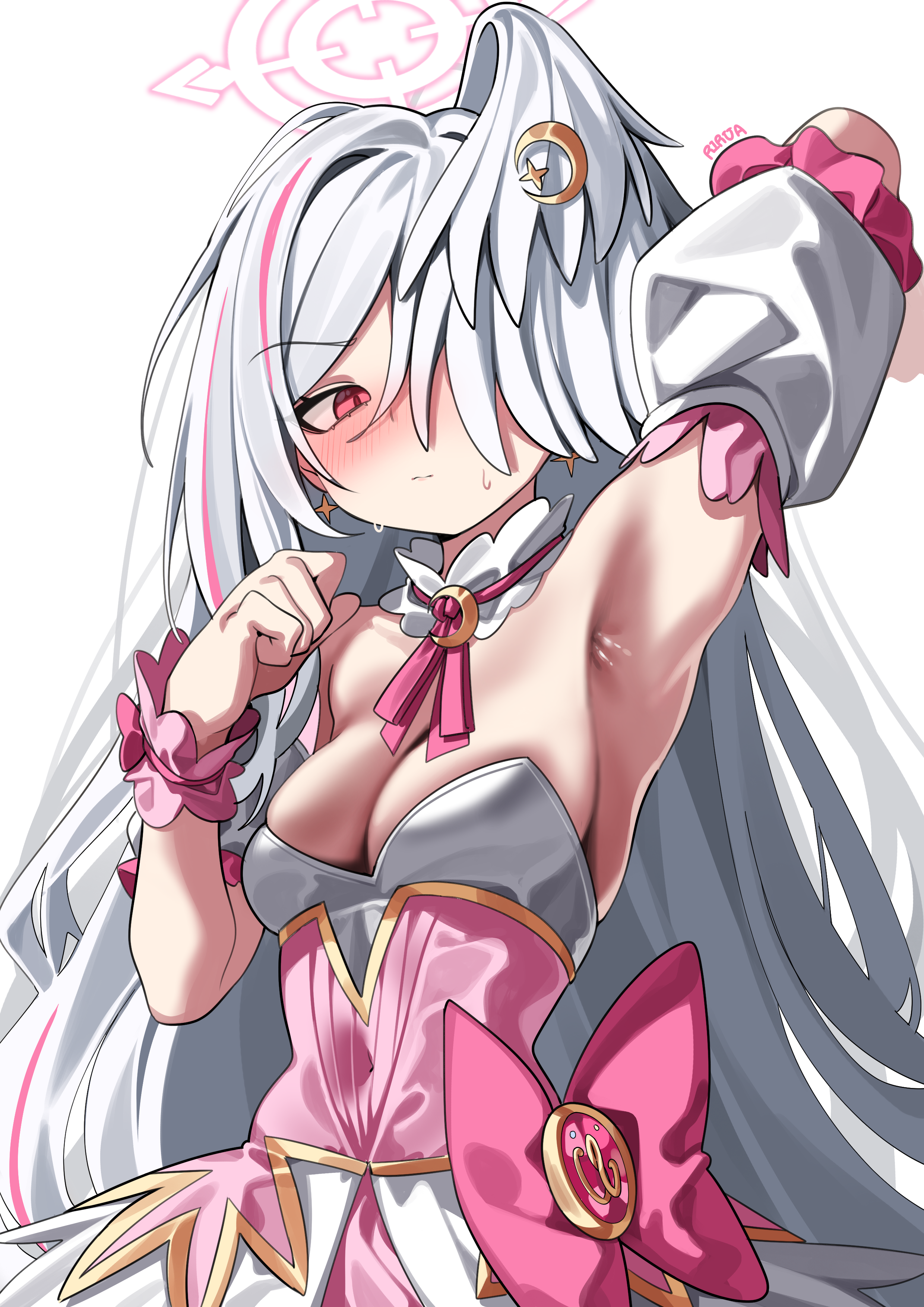 rirua (kjom802), suzumi (blue archive), suzumi (magical) (blue archive), blue archive, absurdres, highres, 1girl, arm behind head, arm up, armpits, blush, breasts, bustier, covering one eye, crescent, crescent hair ornament, grey wings, hair ornament, halo, head wings, long hair, looking at viewer, magical girl, medium breasts, nose blush, official alternate costume, pink eyes, pink halo, presenting armpit, single hair intake, single head wing, solo, upper body, very long hair, wings