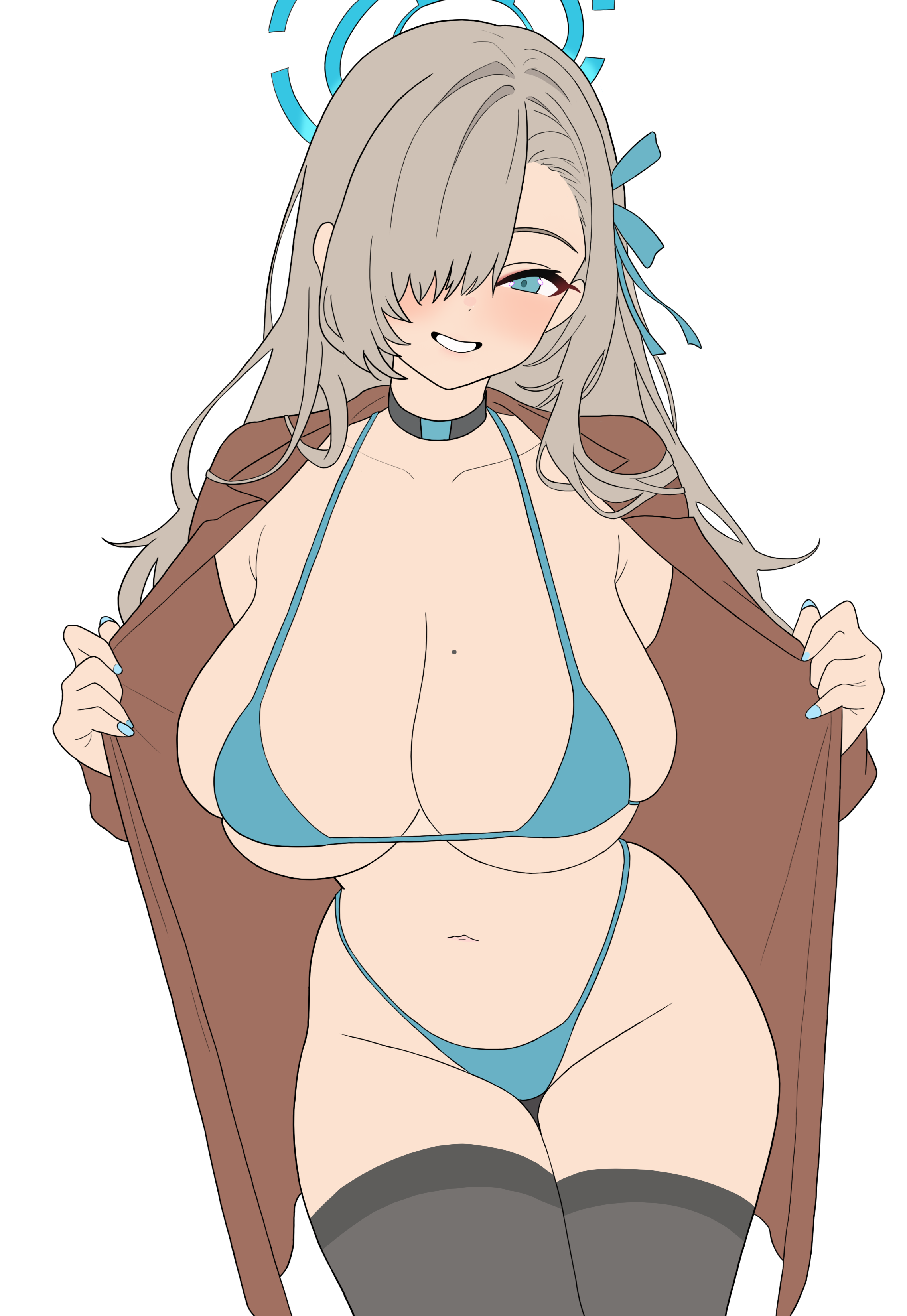 asuna (blue archive), blue archive, absurdres, highres, 1girl, bikini, black thighhighs, blue bikini, blue eyes, blue halo, blush, breasts, brown coat, brown hair, choker, cleavage, coat, collarbone, grin, groin, hair over one eye, halo, large breasts, long hair, looking at viewer, mole, mole on breast, navel, open clothes, open coat, smile, solo, swimsuit, thejx 063, thighhighs, thighs, very long hair