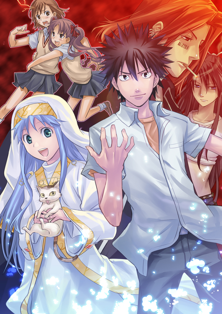 hikiyama towa, index (toaru majutsu no index), kamijou touma, kanzaki kaori, misaka mikoto, shirai kuroko, sphinx (to aru majutsu no index), sphinx (toaru majutsu no index), stiyl magnus, toaru kagaku no railgun, toaru majutsu no index, habit, 00s, 2boys, 4girls, alternate hair color, black eyes, black hair, blue hair, blush, brown hair, calico (pattern), calico cat, cat, cigarette, electricity, electrokinesis, green eyes, long hair, midriff, multiple boys, multiple girls, red hair, robe, safety pin, school uniform, shirt, short hair, skirt, smoking, t-shirt, twintails