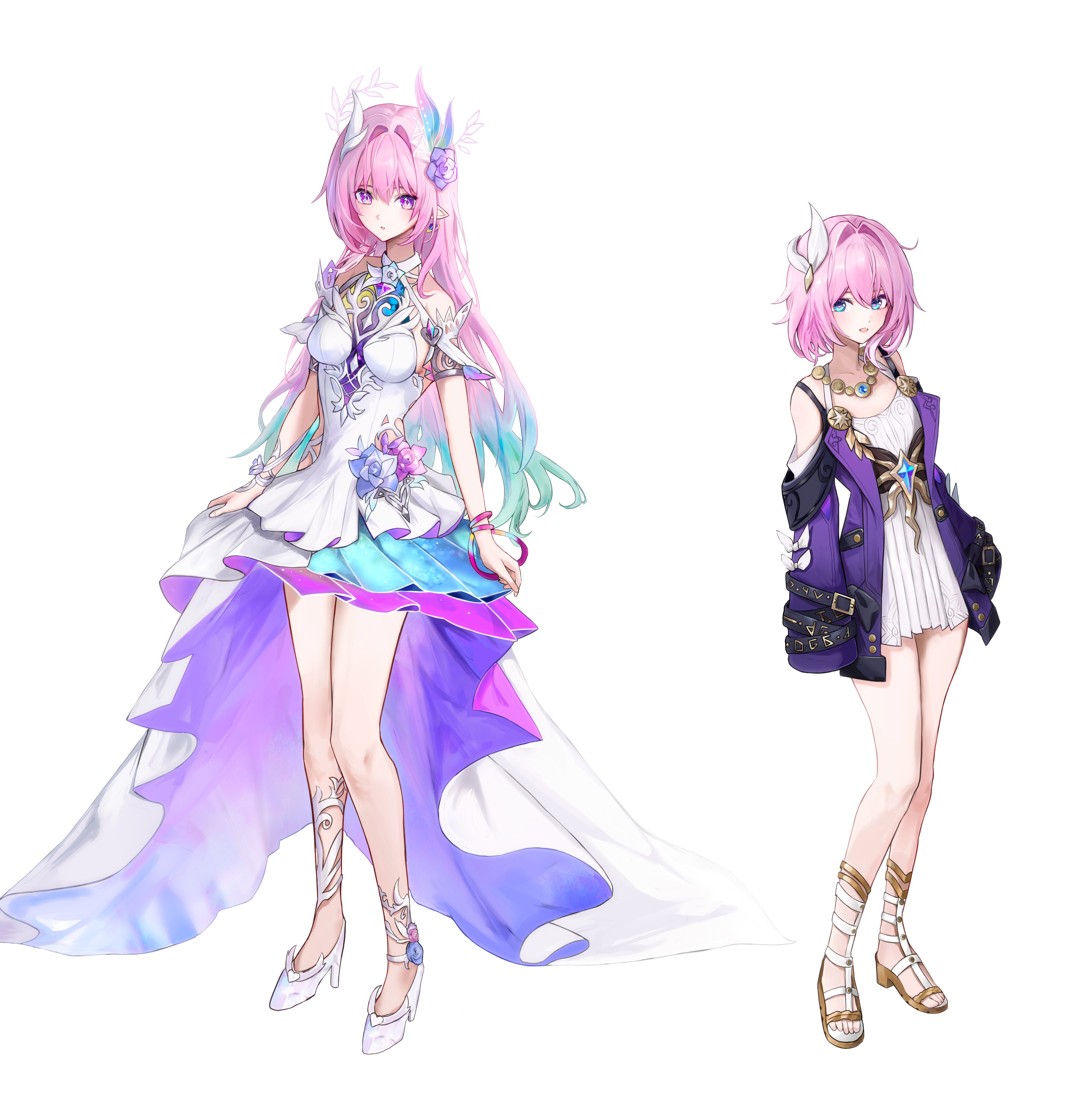 dana (hapong07), cyrene (honkai: star rail), cyrene (ripples of past reverie) (honkai: star rail), honkai: star rail, honkai (series), absurdres, commentary, hashtag-only commentary, highres, 2girls, aqua hair, bare shoulders, blue eyes, breasts, coat, cyrene (aedes elysiae) (honkai: star rail), diamond-shaped pupils, diamond (shape), dress, dual persona, flower, gradient hair, hair flower, hair ornament, high heels, jewelry, large breasts, long hair, looking at viewer, multicolored hair, multiple girls, necklace, pink hair, pointy ears, purple coat, purple eyes, sandals, short hair, simple background, small breasts, symbol-shaped pupils, two-tone hair, very long hair, white background, white dress