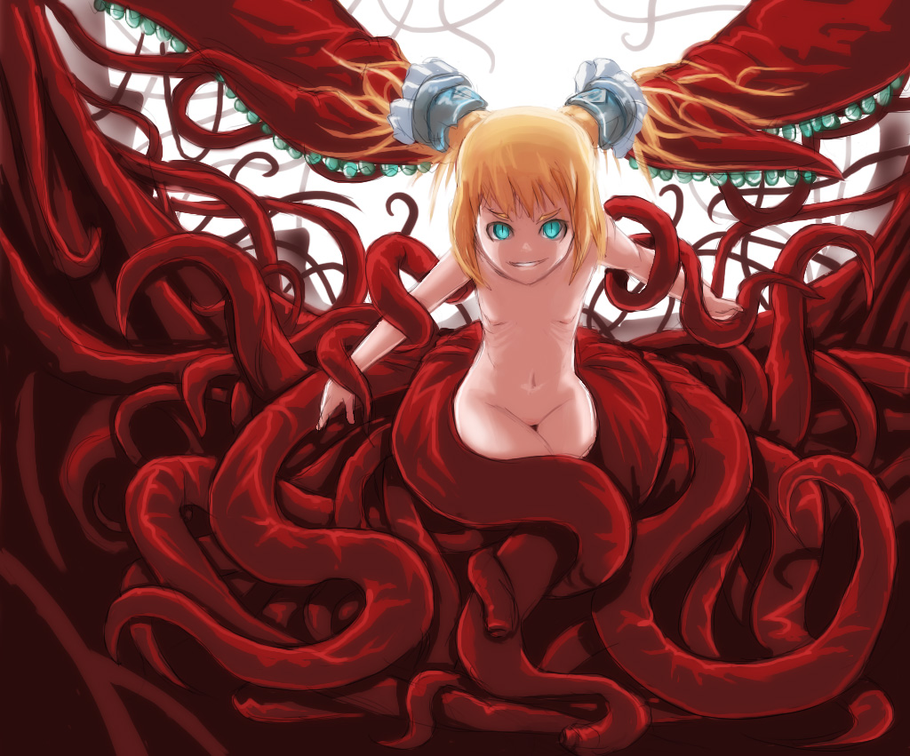 jigoku inu, tentacles princess arameru, original, 1girl, aqua eyes, blonde hair, evil grin, evil smile, female focus, flat chest, grin, loli, long hair, navel, nipples, nude, slit pupils, smile, solo, tentacles, thigh gap, thighs, twintails