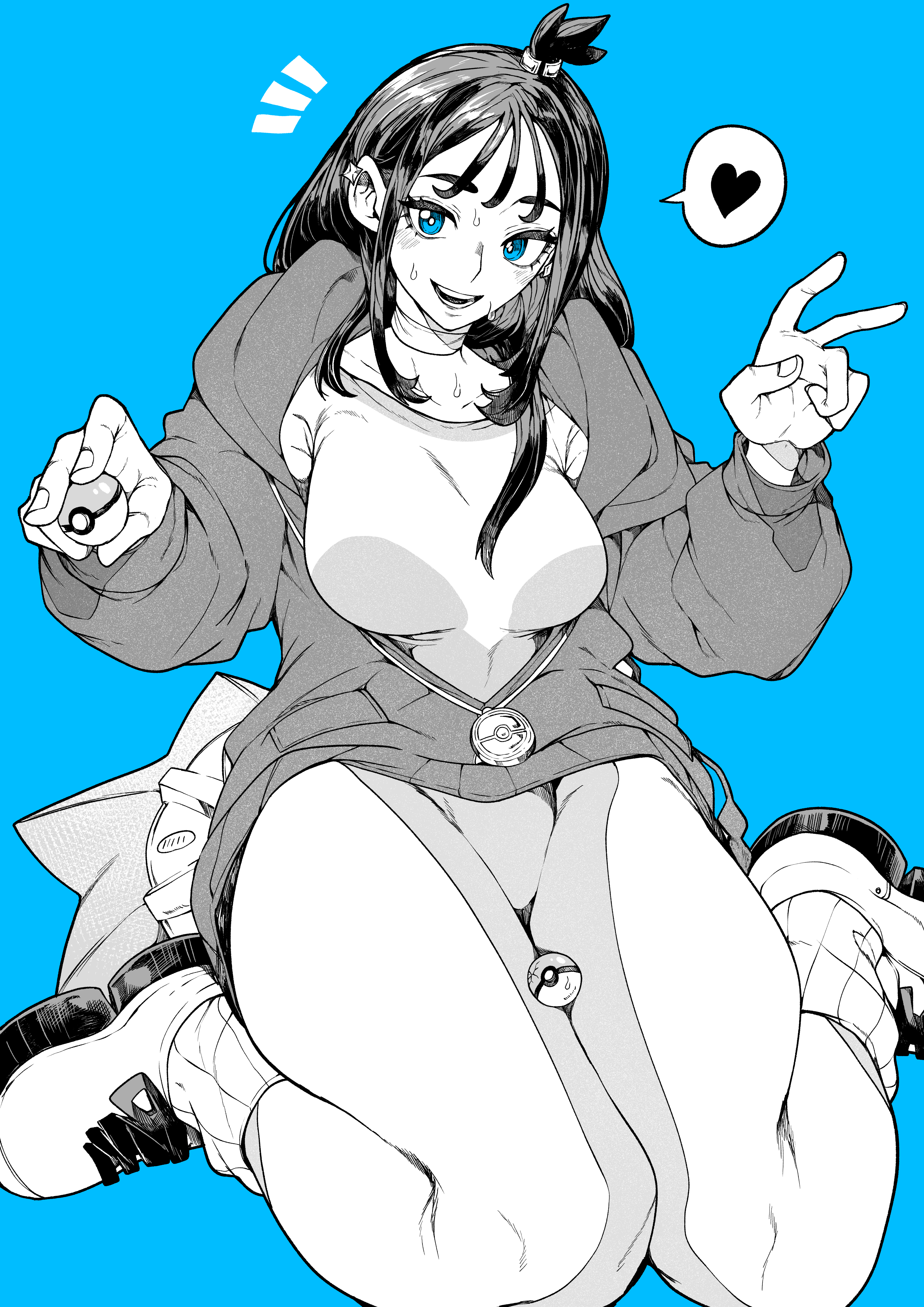yotsumi shiro, lida (pokemon), nintendo, pokemon, pokemon legends: z-a, absurdres, highres, 1girl, blue background, breasts, greyscale with colored background, looking at viewer, medium breasts, monochrome, open mouth, smile, solo