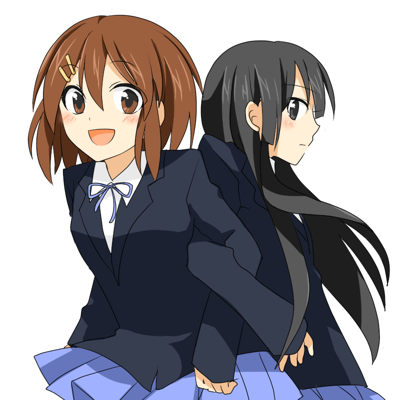 uto uto, akiyama mio, hirasawa yui, k-on!, bad id, bad pixiv id, 00s, 2girls, black hair, brown hair, multiple girls, school uniform, smile