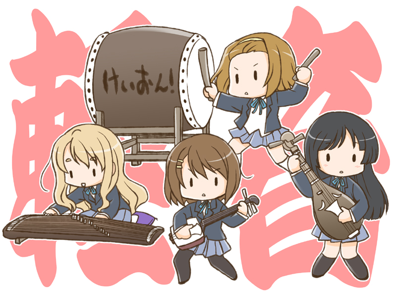 minamoto hisanari, minamoto kyuuya, akiyama mio, hirasawa yui, kotobuki tsumugi, tainaka ritsu, k-on!, 4girls, band (music), biwa lute, black hair, blonde hair, brown hair, cagayake! girls pose, chibi, drum, ho-kago tea time, instrument, koto (instrument), lute (instrument), multiple girls, pantyhose, parody, plectrum, school uniform, shamisen, taiko drum