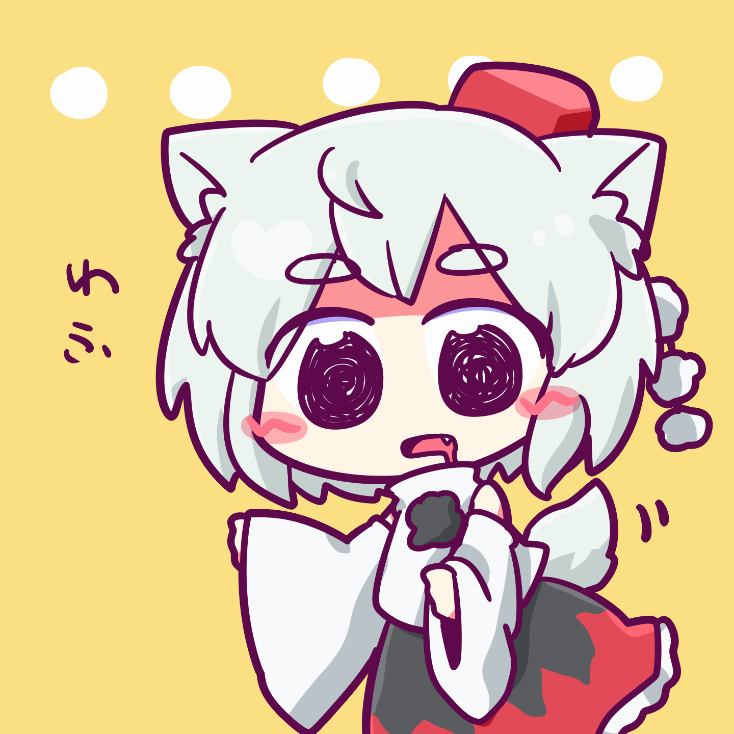 yamadakyou kurotan, inubashiri momiji, touhou, commentary request, highres, revision, translated, 1girl, animal ears, blush stickers, drooling, open mouth, reaching, reaching towards viewer, short eyebrows, skirt, solo, tail, tail wagging, thick eyebrows, white hair, wolf ears, wolf tail