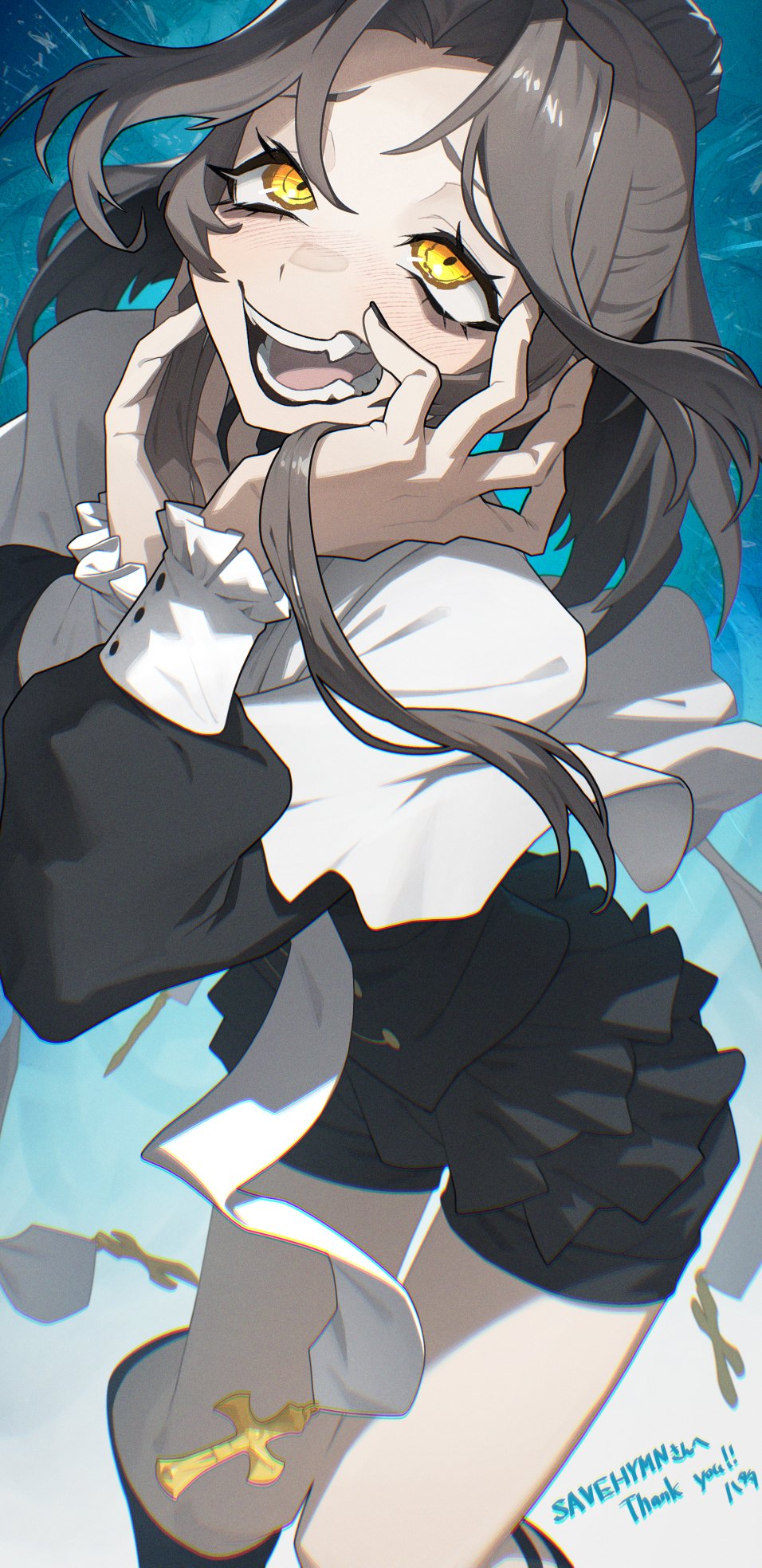 hata4564, indie virtual youtuber, commission, highres, skeb commission, 1girl, black shirt, black shorts, brown hair, capelet, crazy smile, cross, frills, hair bun, hands on own face, latin cross, long hair, meredith savehymn, open mouth, shirt, shorts, sidelocks, single hair bun, smile, solo, stole, teeth, virtual youtuber, white capelet, yellow eyes