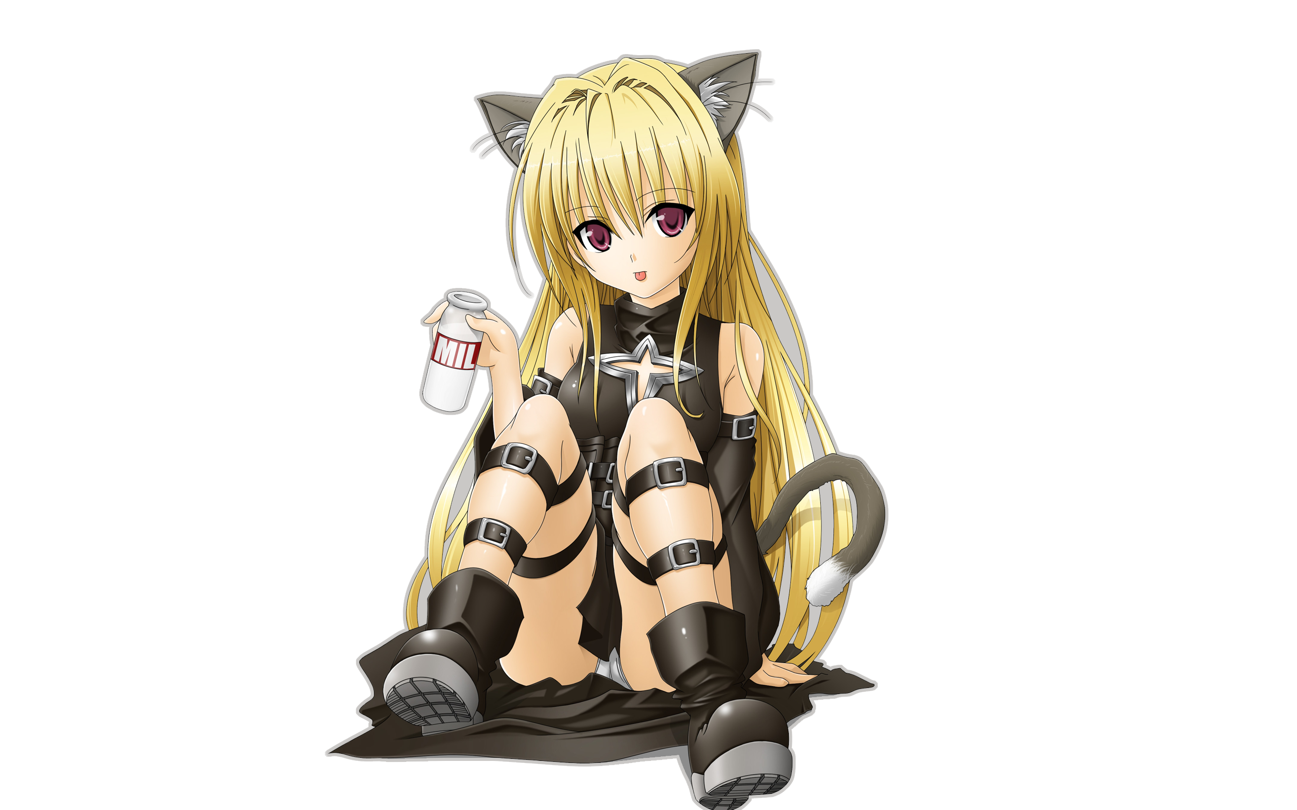 toshi (anime coloring), konjiki no yami, to love-ru, highres, 00s, :p, animal ears, arm support, bare shoulders, belt, blonde hair, boots, bottle, cape, cat ears, cat tail, detached sleeves, long hair, milk, milk bottle, panties, red eyes, sitting, solo, tail, thigh strap, tongue, tongue out, underwear, very long hair, white panties