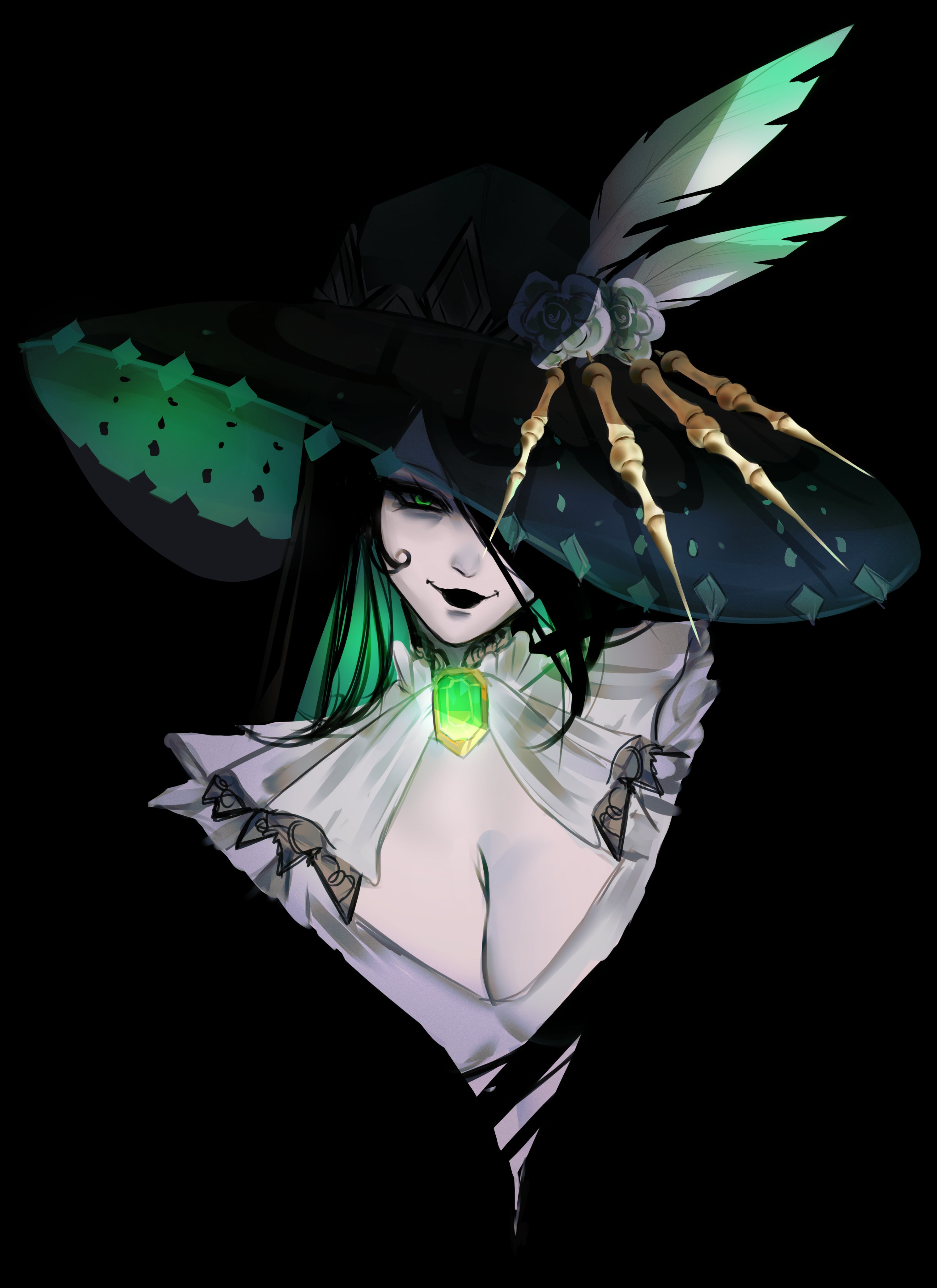 arialla draws, hela (marvel), marvel, marvel rivals, absurdres, commentary, english commentary, highres, 1girl, black background, black hair, black hat, black lips, blouse, breasts, cleavage, cleavage cutout, clothing cutout, flower, gem, green eyes, green gemstone, hair over one eye, hat, hat feather, hat flower, hela (the grim lady) (marvel), long hair, looking at viewer, official alternate costume, rose, shirt, solo, upper body, white flower, white rose, white shirt
