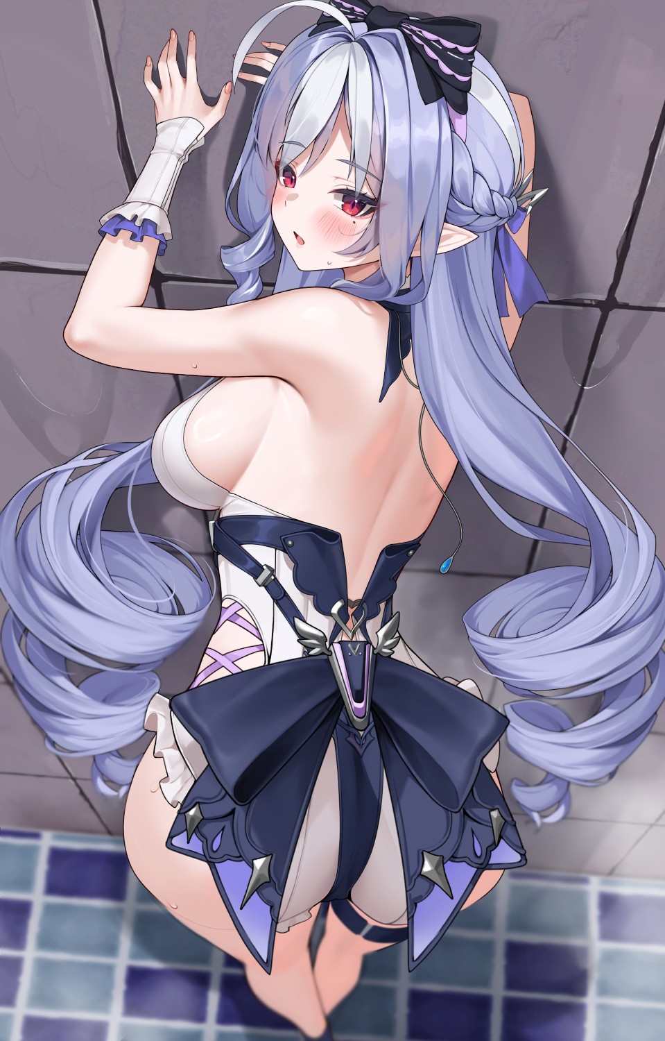 matrix16, vivian banshee, vivian banshee (iris of the shore), zenless zone zero, highres, 1girl, against wall, ass, backless swimsuit, black one-piece swimsuit, blush, breasts, detached sleeves, drill hair, foreshortening, from above, large breasts, long hair, looking at viewer, looking back, medium breasts, mole, mole under eye, multicolored hair, official alternate costume, one-piece swimsuit, open mouth, pointy ears, purple hair, red eyes, sideboob, solo, streaked hair, swimsuit, twin drills, white hair, white one-piece swimsuit, wrist cuffs