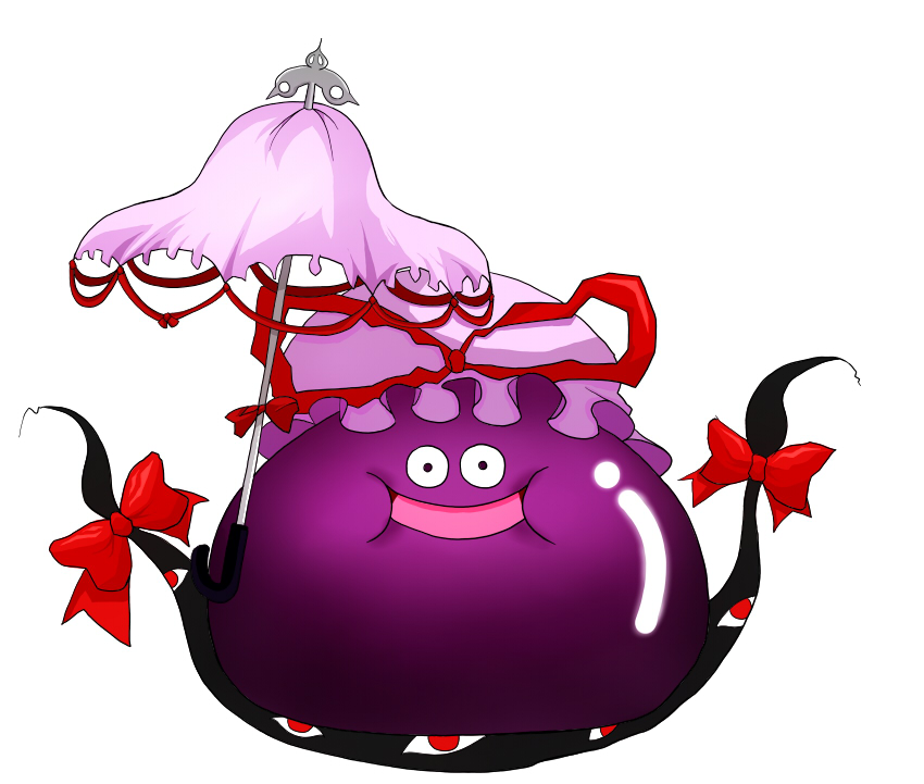 henohenomoheji (artist), king slime (dragon quest), slime (dragon quest), yakumo yukari, dragon quest, touhou, cosplay, female focus, gap (touhou), hat, looking at viewer, mob cap, no humans, parody, simple background, slime (creature), smile, umbrella, white background, yakumo yukari (cosplay)