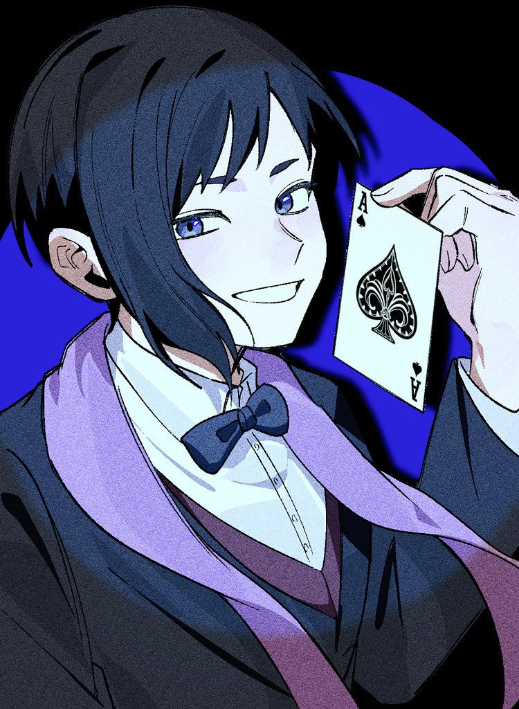 0a 9 (pixiv82791714), asagiri gen, dr. stone, 1boy, black bow, black hair, black jacket, blue background, blue eyes, bow, card, holding, holding card, jacket, looking at viewer, medium hair, shirt, simple background, smile, upper body, white shirt