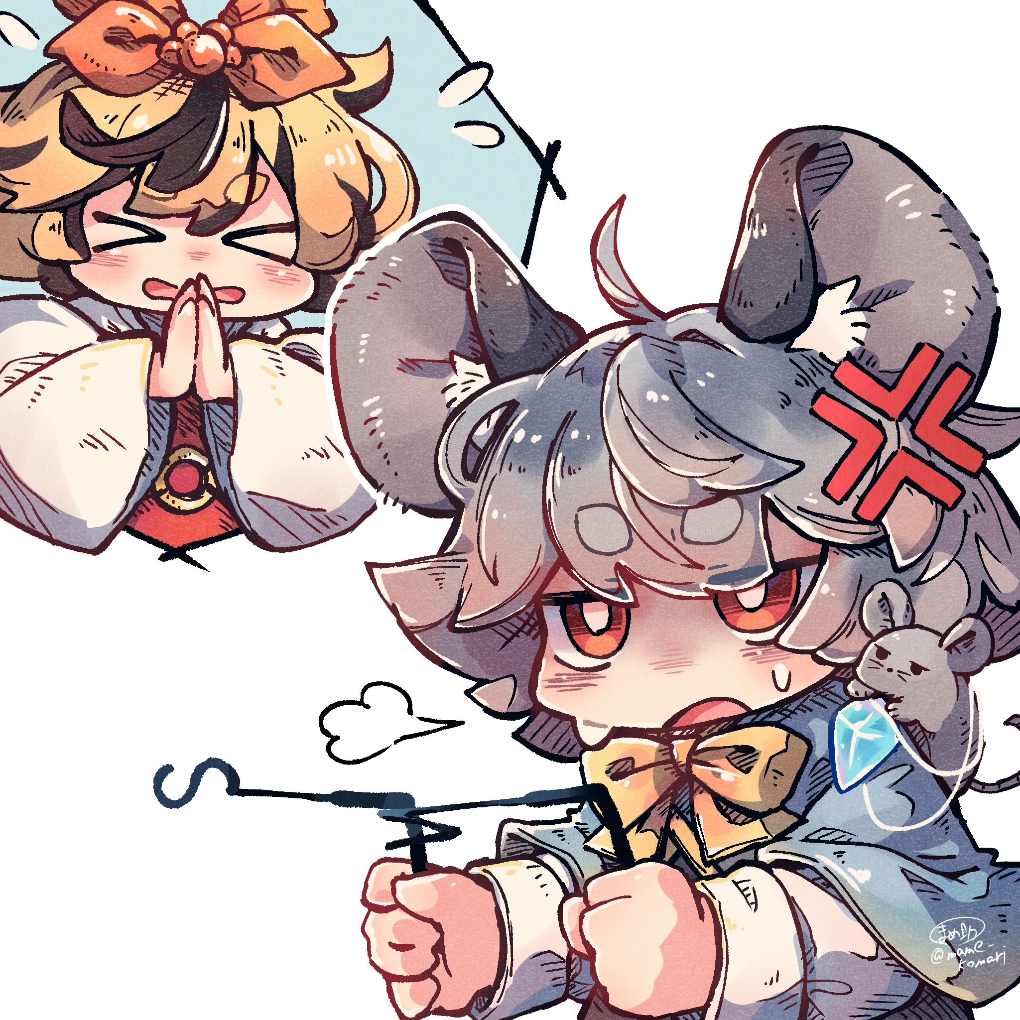 mame komari, nazrin, toramaru shou, touhou, highres, > <, 2girls, angry, animal ears, blonde hair, grey hair, long sleeves, mouse (animal), mouse ears, multiple girls, red eyes, ribbon, shirt, short hair, white shirt, yellow ribbon