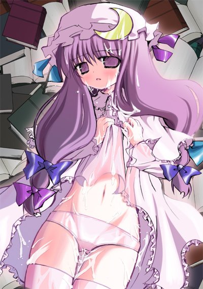 nejikirio, patchouli knowledge, touhou, bad id, bad pixiv id, 1girl, blush, crescent, cum, female focus, hat, long hair, panties, purple eyes, purple hair, solo, thighhighs, underwear