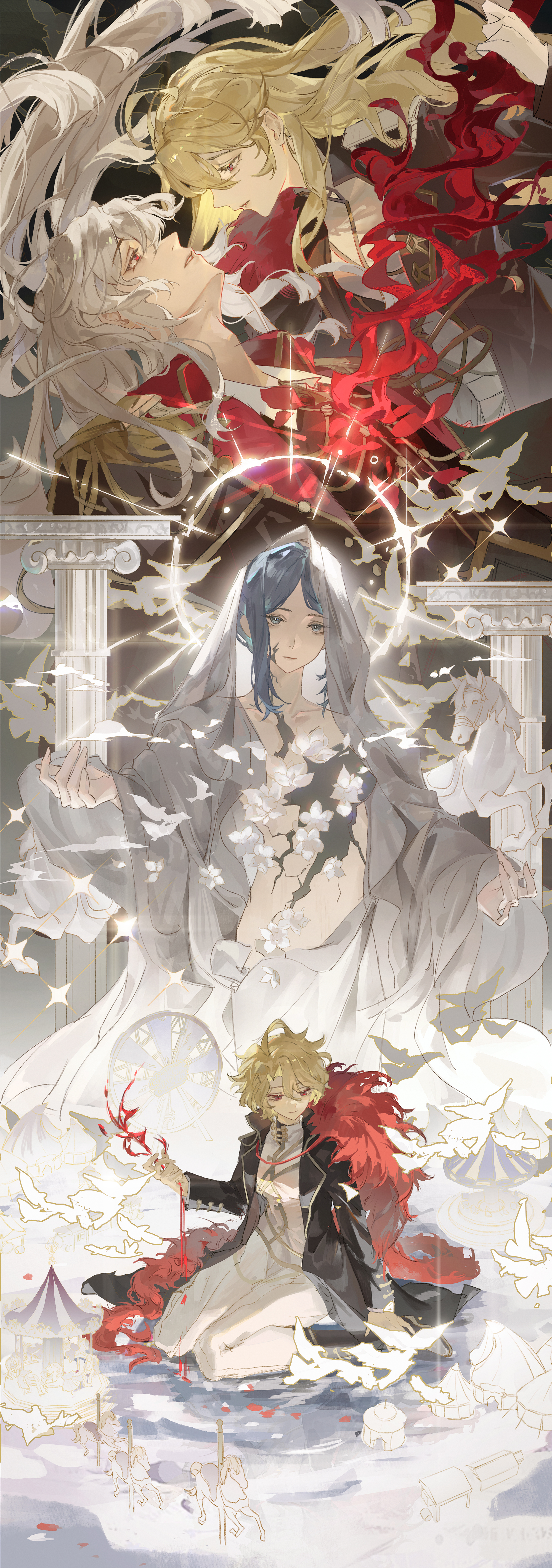 tokulily, bari (project moon), don quixote (project moon), sancho (project moon), limbus company, project moon, absurdres, chinese commentary, commentary request, highres, spoilers, 1boy, 2girls, blonde hair, blue eyes, blue hair, carousel, circus tent, feather boa, ferris wheel, grey hair, halo, horse, impaled, la manchaland's don quixote (project moon), la manchaland (identity) (project moon), long hair, long sleeves, looking at another, multiple girls, pants, red eyes, white pants