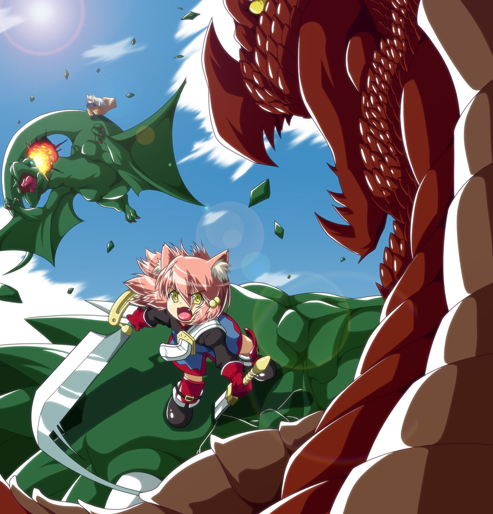 tsuna (al dente), fighter (7th dragon), harukara (7th dragon), ikurakun (7th dragon), mage (7th dragon), 7th dragon, 7th dragon (series), 2girls, animal ears, cat ears, dragon, multiple girls