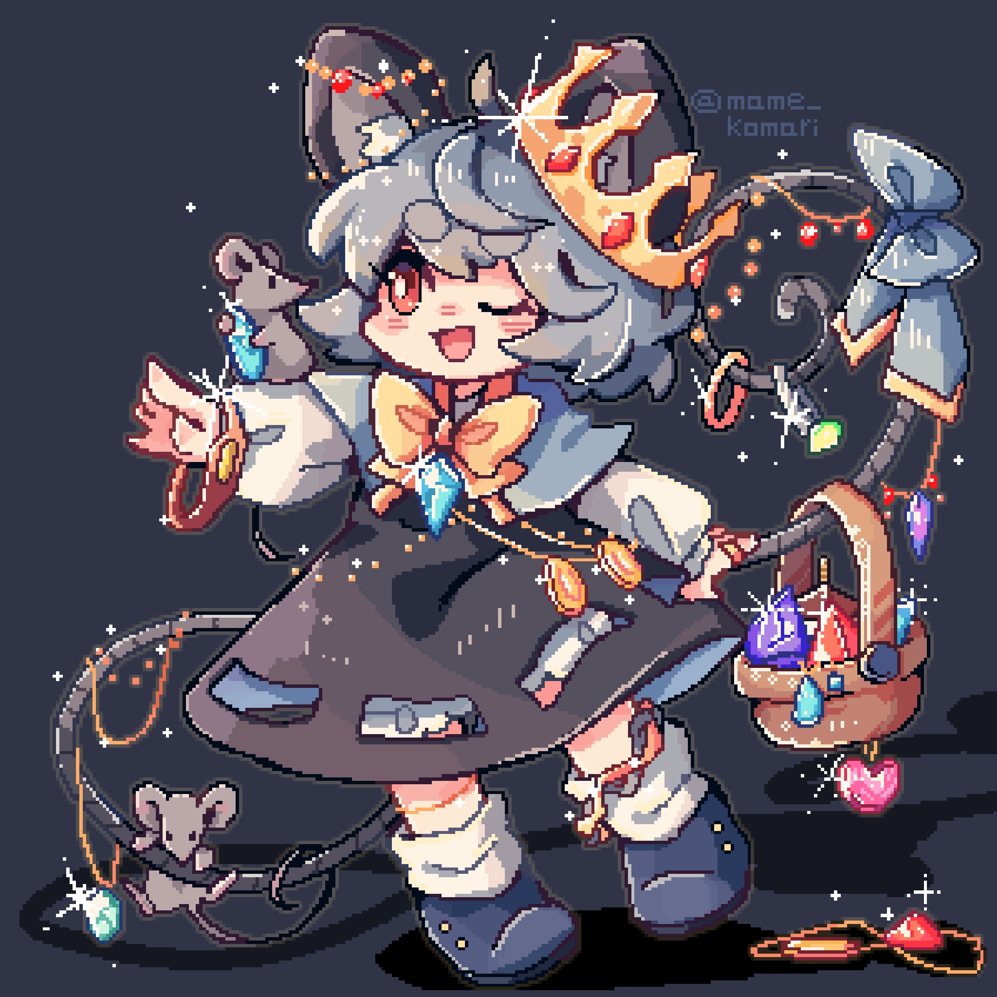 mame komari, nazrin, touhou, highres, 1girl, animal ears, black background, black dress, black shoes, bloomers, blush, coin, crown, dress, grey hair, long sleeves, mouse ears, one eye closed, open mouth, pixel art, red eyes, ribbon, shoes, short hair, smile, socks, solo, underwear, white socks, yellow ribbon