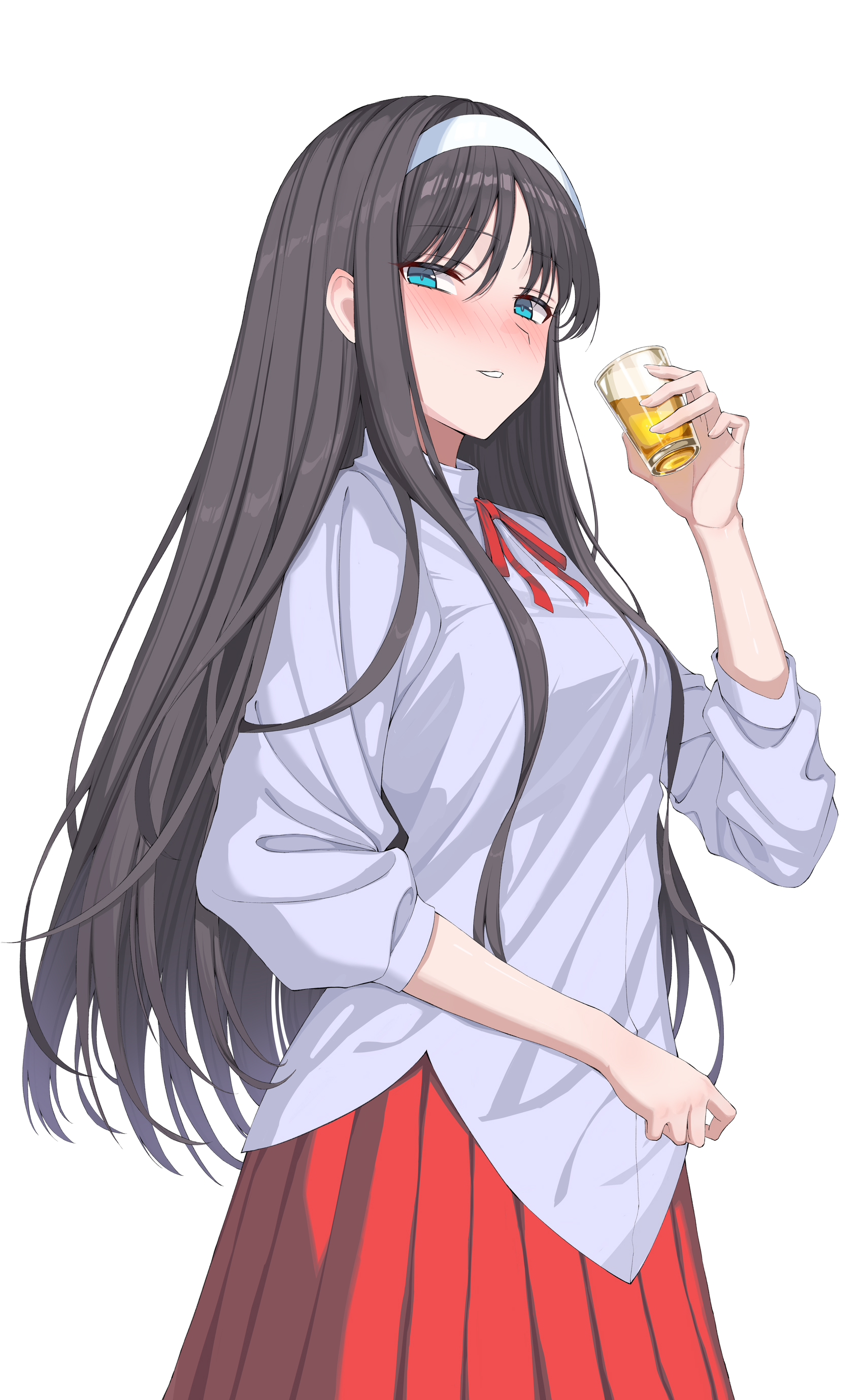 jishui3q, tohno akiha, tsukihime, type-moon, absurdres, highres, 1girl, black hair, blush, breasts, cup, drunk, hairband, holding, holding cup, long sleeves, looking at viewer, medium breasts, pleated skirt, purple shirt, red skirt, shirt, simple background, skirt, smile, solo, white background, white hairband