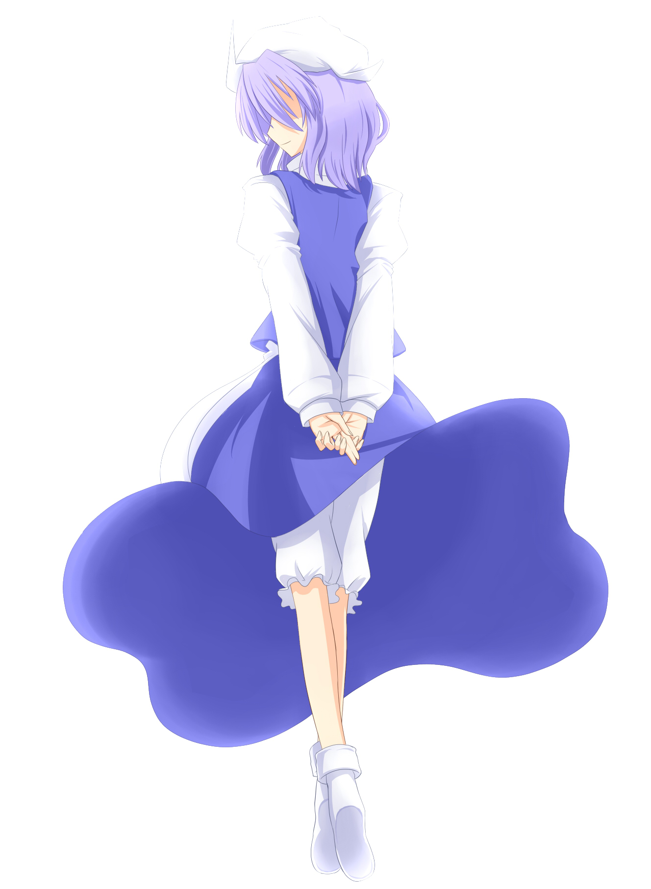 batsu, letty whiterock, touhou, light purple hair, highres, 1girl, arms behind back, backlighting, bloomers, female focus, hair over eyes, hat, looking back, short hair, simple background, smile, solo, underwear