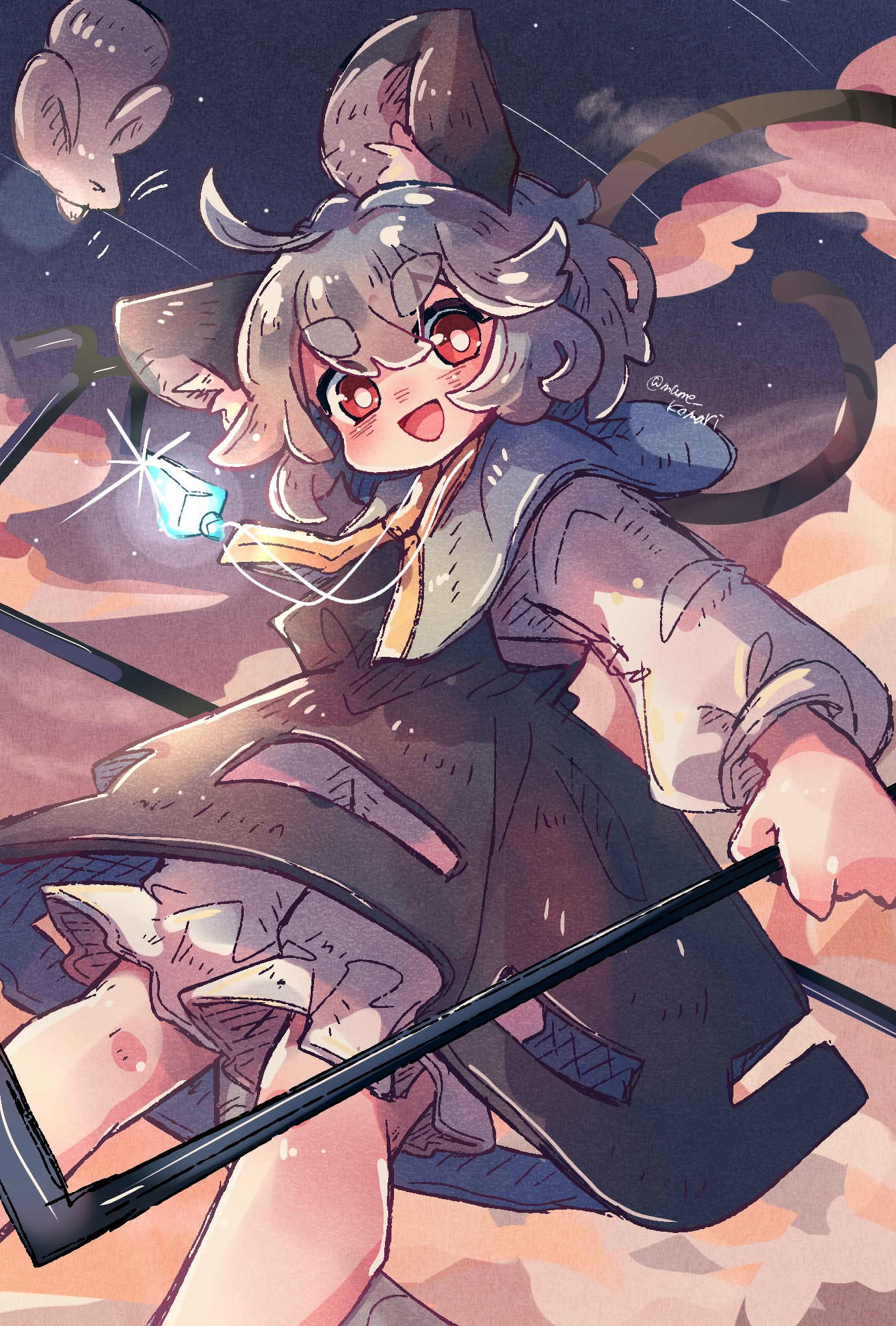 mame komari, nazrin, touhou, highres, 1girl, animal ears, black dress, bloomers, blush, cloud, dress, grey hair, long sleeves, mouse ears, open mouth, red eyes, ribbon, short hair, smile, solo, underwear, yellow ribbon