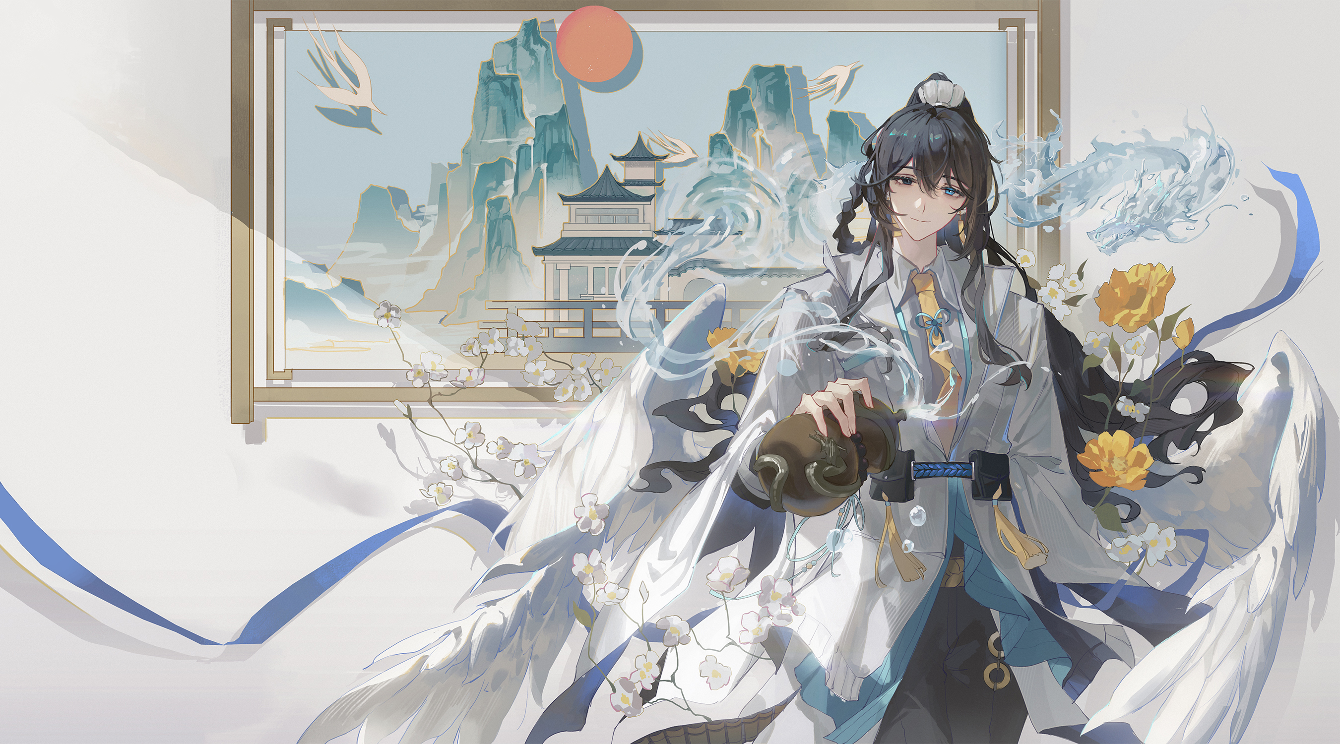 tokulily, hong lu (project moon), arknights, limbus company, project moon, chinese commentary, commentary request, highres, 1boy, black eyes, black hair, black pants, blue hair, chinese clothes, dragon, e.g.o (project moon), flower, gourd, hair ornament, heterochromia, holding, holding gourd, looking at viewer, male focus, necktie, painting (object), pants, smile, solo, spilling, to remain oneself (e.g.o), yellow flower, yellow necktie