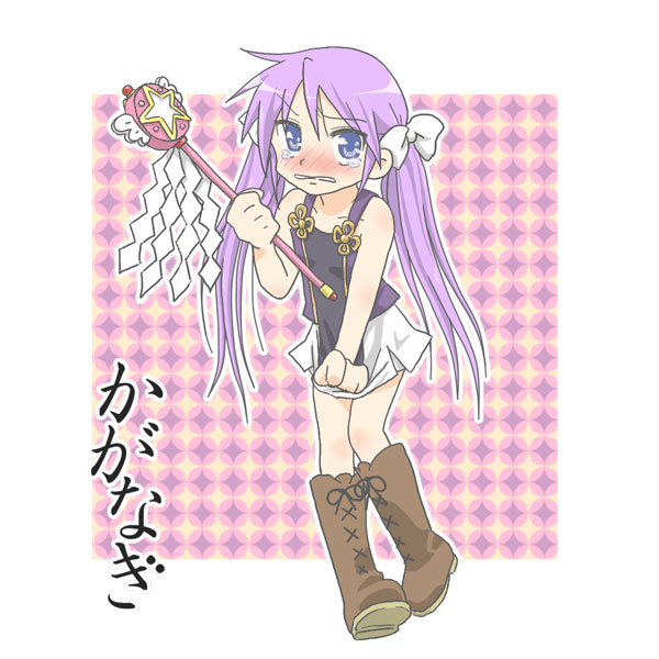 hiiragi kagami, nagi, kannagi, lucky star, blush, boots, cosplay, nagi (cosplay), solo, wand