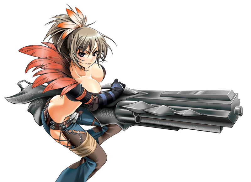 amagai yukino, capcom, monster hunter (series), monster hunter frontier, silver hair, 1girl, belt, belt buckle, blue eyes, blush, breasts, brown hair, buckle, butt crack, chain, cleavage, crop top, denim, elbow gloves, feathers, female focus, fighting stance, garuda (armor), gloves, groin, gun, hair ornament, huge weapon, hypnocatrice (armor), jeans, large breasts, looking at viewer, looking back, lowleg, midriff, naughty face, no panties, pants, parted bangs, ponytail, profile, purple eyes, short hair, side slit, simple background, smile, solo, squatting, studded belt, thigh strap, weapon