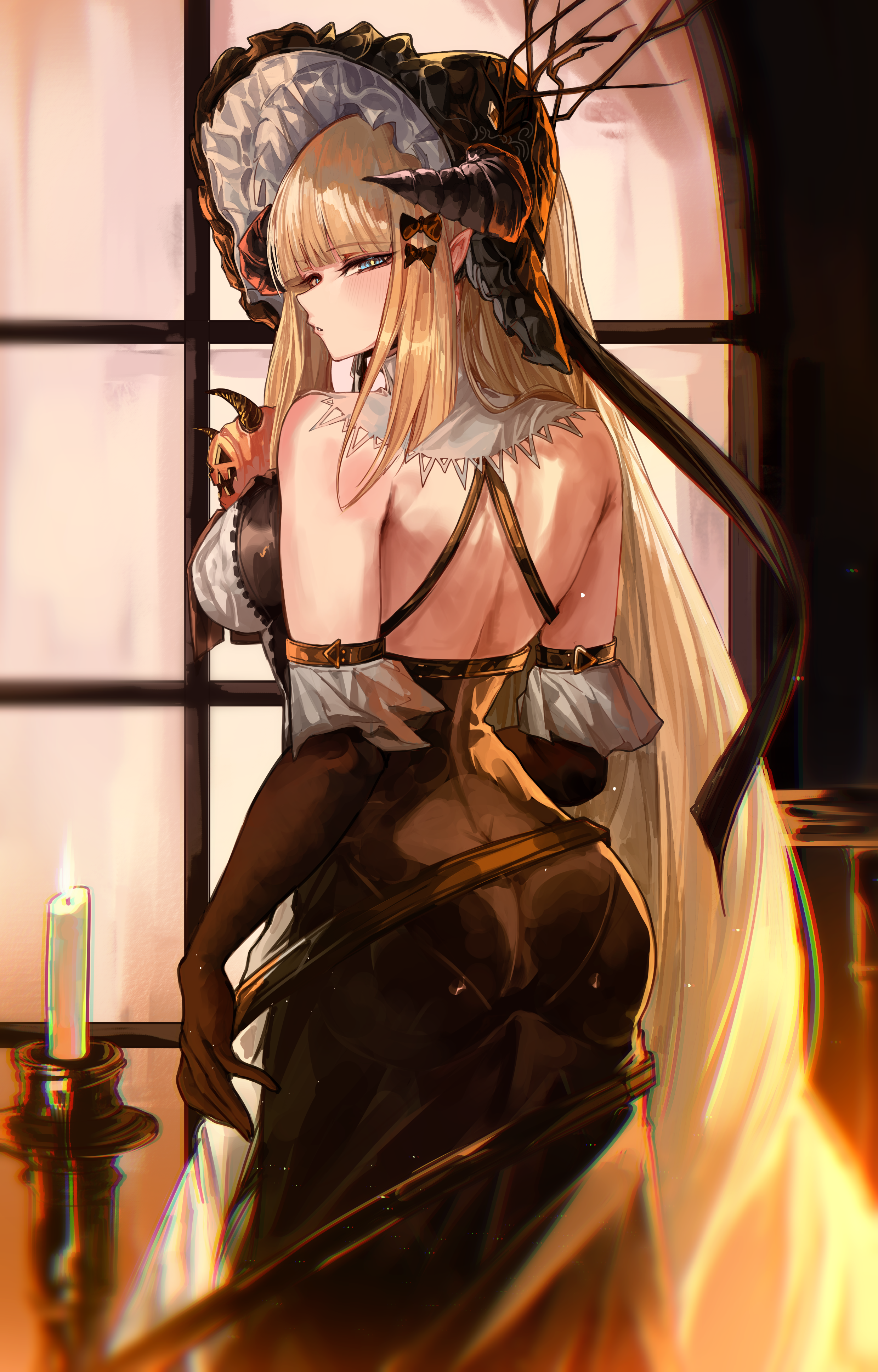 yuki flourish, nightingale (arknights), arknights, absurdres, highres, 1girl, backless outfit, black gloves, black hat, blonde hair, blue eyes, blush, breasts, candle, elbow gloves, gloves, hat, horns, indoors, large breasts, long hair, looking at viewer, looking back, pantylines, pointy ears, pumpkin, solo, very long hair