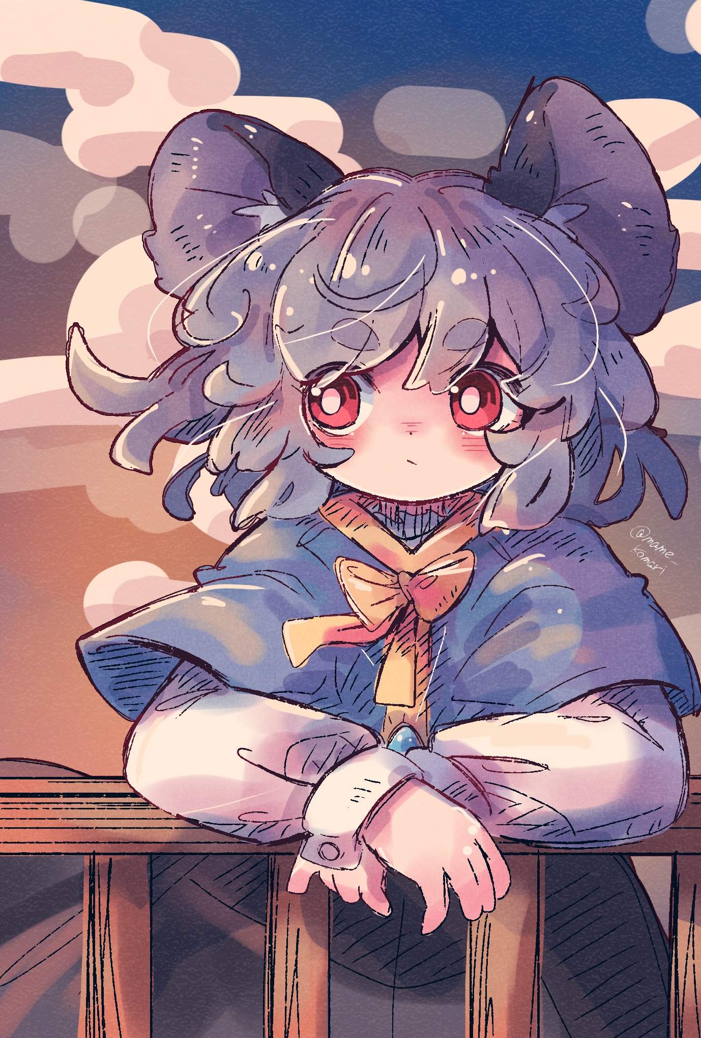 mame komari, nazrin, touhou, commentary request, highres, 1girl, :/, against railing, animal ears, black skirt, blue capelet, blue sky, bow, bowtie, capelet, closed mouth, cowboy shot, facing viewer, gradient sky, grey hair, long sleeves, medium hair, mouse ears, mouse girl, one-hour drawing challenge, orange bow, orange bowtie, orange sky, outdoors, railing, red eyes, skirt, sky, solo, twitter username