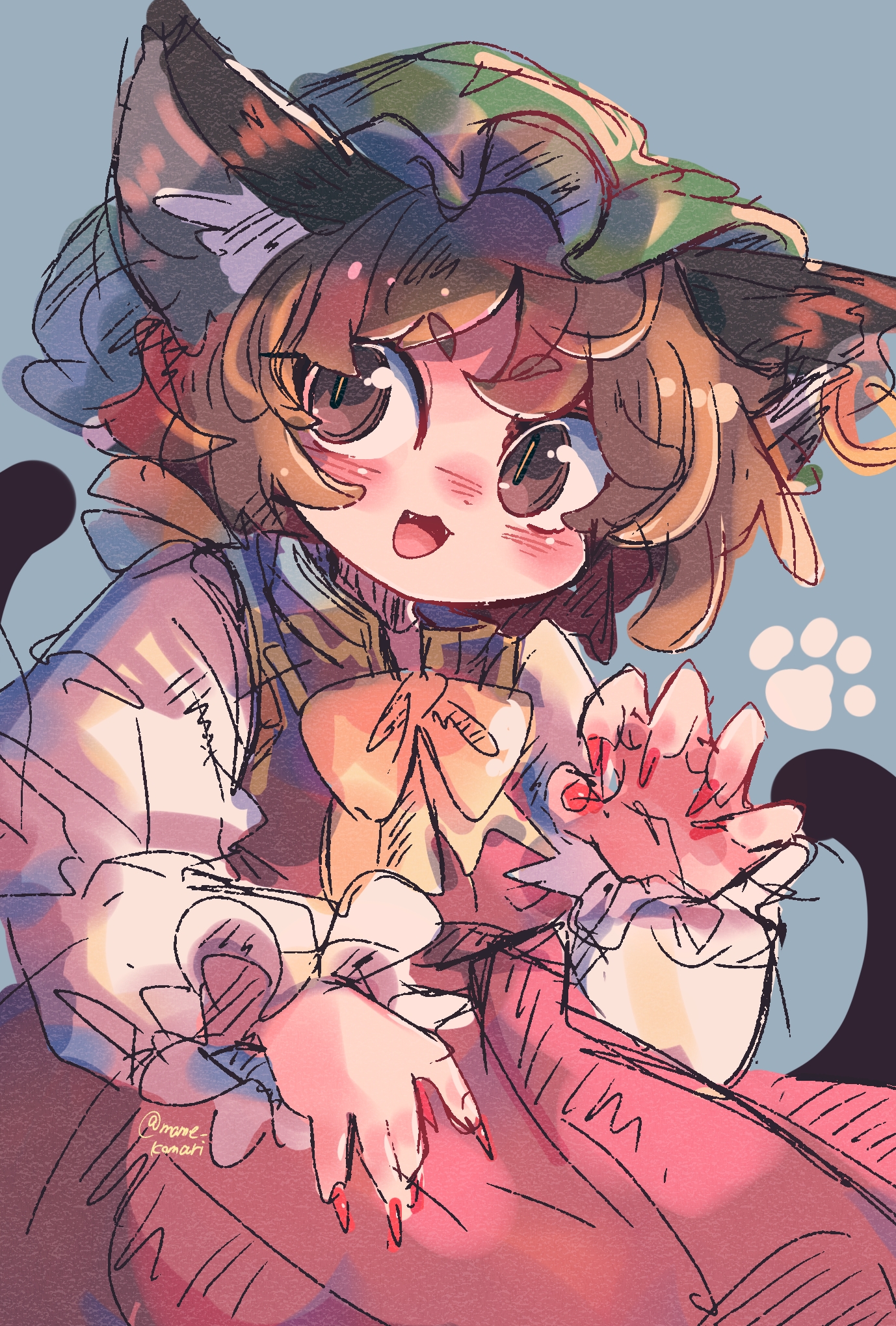 mame komari, chen, touhou, commentary request, highres, 1girl, animal ear piercing, animal ears, blue background, blush, brown eyes, brown hair, cat ears, cat tail, dress, fangs, fingernails, green hat, hat, jewelry, long fingernails, long sleeves, mob cap, multiple tails, nail polish, nekomata, one-hour drawing challenge, open mouth, red dress, red nails, sharp fingernails, shirt, short hair, simple background, smile, solo, tail, two tails, white shirt