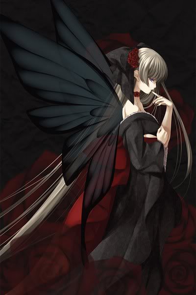 silver hair, tagme, black wings, butterfly wings, choker, fairy, flower, insect wings, long hair, ribbon, rose, wings