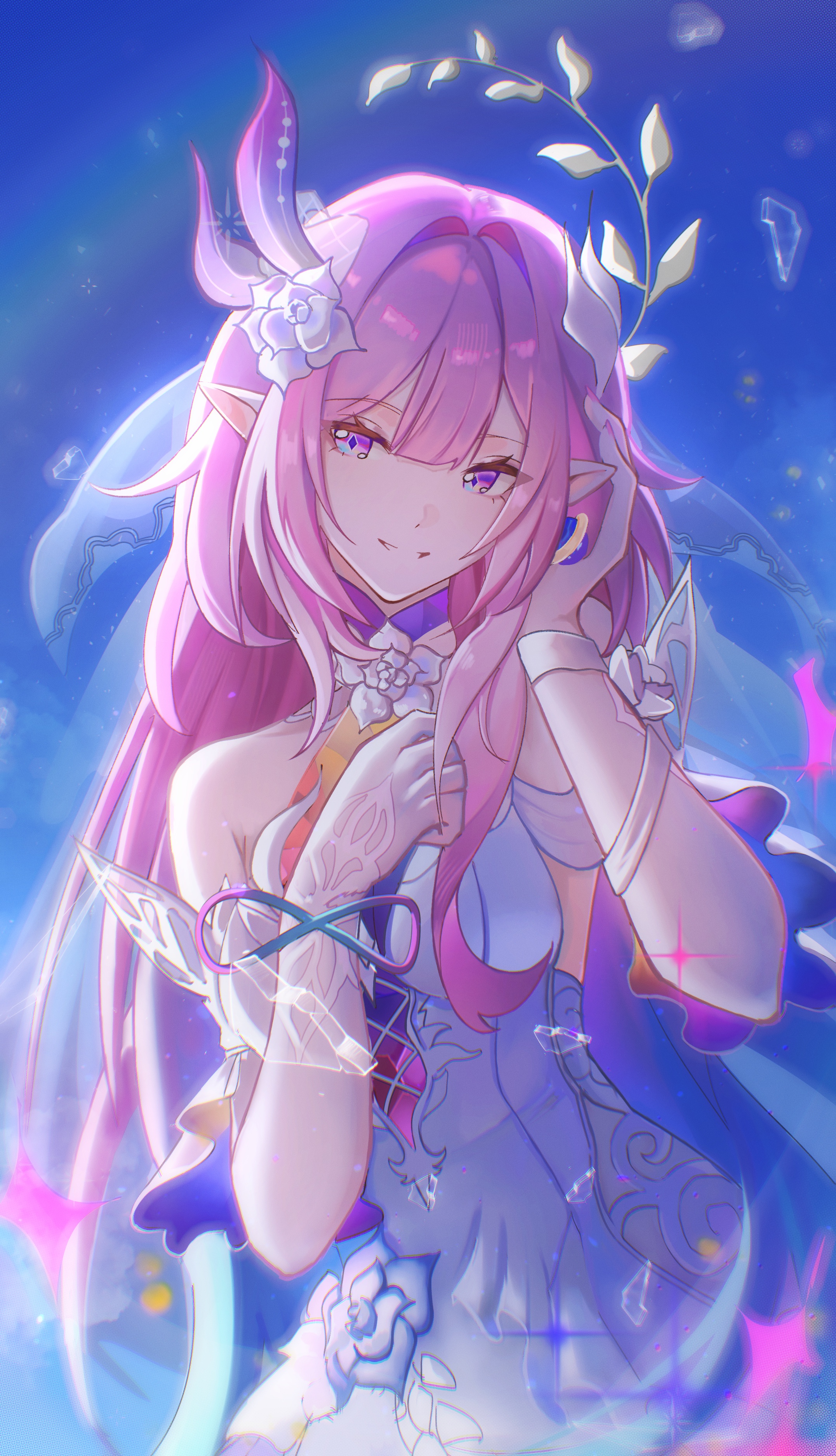 sowoqa, cyrene (honkai: star rail), cyrene (ripples of past reverie) (honkai: star rail), honkai: star rail, honkai (series), absurdres, commentary, highres, symbol-only commentary, 1girl, aqua hair, bare shoulders, blue sky, breasts, diamond-shaped pupils, diamond (shape), dress, earrings, flower, hair flower, hair ornament, halo, jewelry, large breasts, long hair, multicolored hair, pink hair, pointy ears, purple eyes, sky, smile, solo, symbol-shaped pupils, very long hair, white dress, white hair