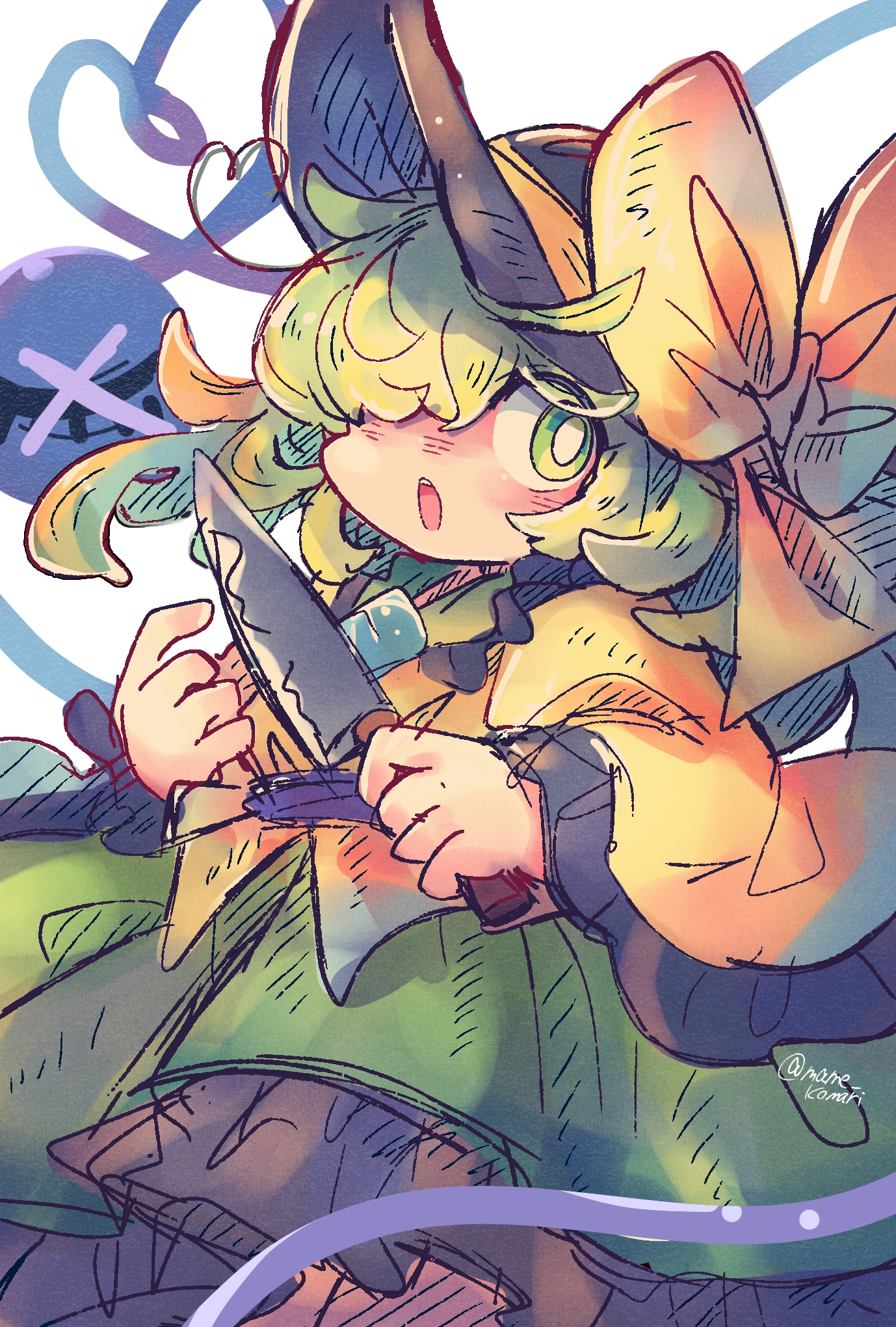 mame komari, komeiji koishi, touhou, commentary, highres, 1girl, black hat, blouse, blush, bow, bright pupils, frilled shirt collar, frilled sleeves, frills, green eyes, green hair, green skirt, hair over one eye, hands up, hat, hat bow, heart, heart of string, holding, holding knife, knife, long hair, long sleeves, looking at viewer, one-hour drawing challenge, one eye covered, open mouth, shirt, skirt, solo, teeth, third eye, twitter username, upper teeth only, white pupils, wide sleeves, yellow bow, yellow shirt