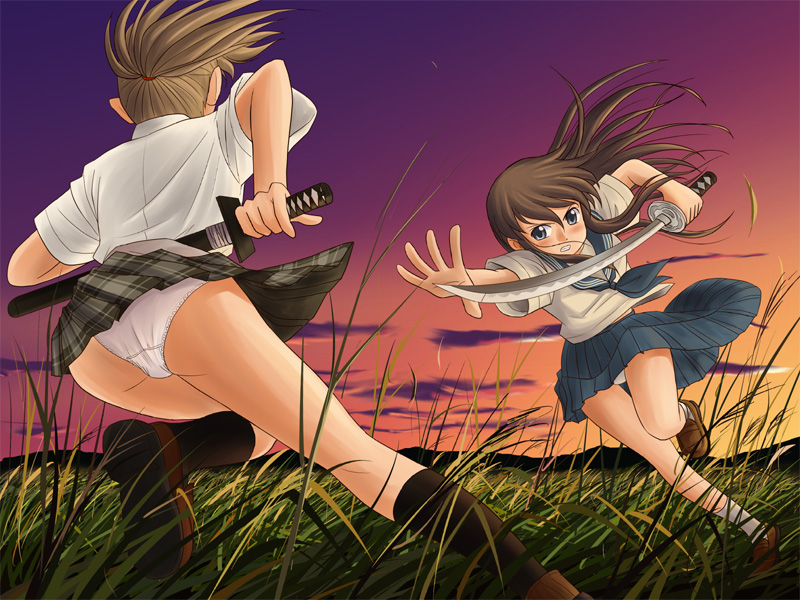 lielos, poniko (lielos), sera haruna, original, 2girls, ass, battle, brown eyes, brown hair, fighting, fighting stance, multiple girls, panties, ready to draw, sword, underwear, weapon, white panties, wind, wind lift