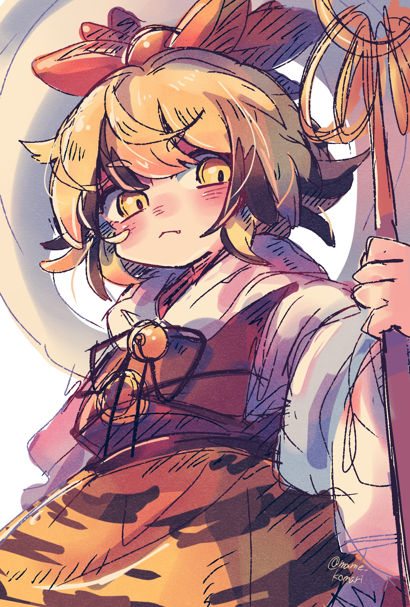 mame komari, toramaru shou, touhou, commentary request, highres, 1girl, animal print, bishamonten's spear, black hair, blonde hair, closed mouth, fang, hair ornament, long sleeves, looking at viewer, multicolored hair, one-hour drawing challenge, shawl, short hair, simple background, solo, streaked hair, tiger print, white background