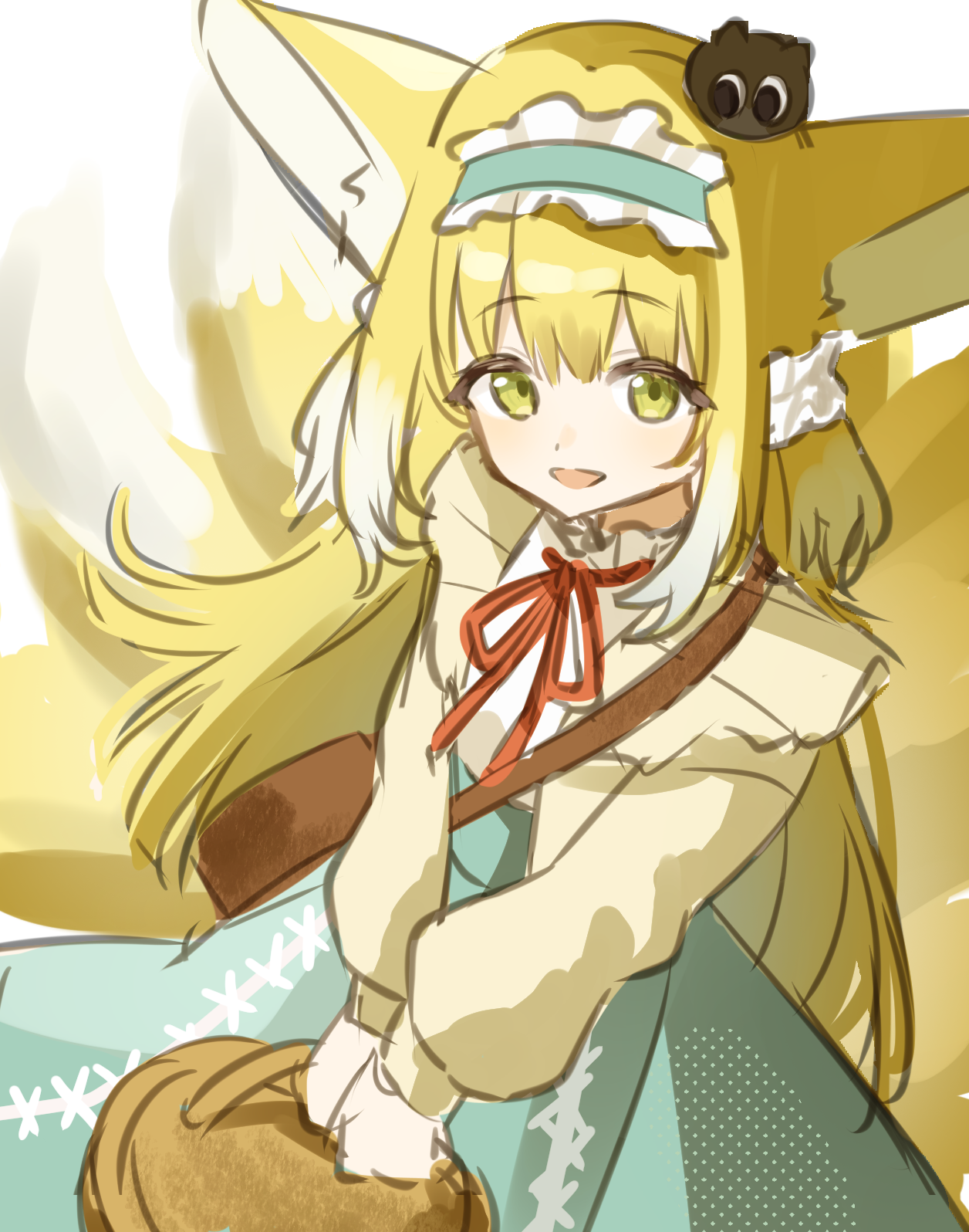 nishimiya aki, heixiu, suzuran (arknights), suzuran (spring praise) (arknights), arknights, luo xiaohei zhanji, commentary, highres, 1girl, animal ears, bag, basket, blonde hair, blue hairband, blue skirt, brown bag, cardigan, colored tips, fox ears, fox girl, fox tail, frilled hairband, frills, green eyes, hairband, high-waist skirt, holding, holding basket, kitsune, kyuubi, long hair, long sleeves, looking at viewer, multicolored hair, multiple tails, neck ribbon, official alternate costume, open mouth, puffy long sleeves, puffy sleeves, red ribbon, ribbon, shirt, shoulder bag, simple background, sketch, skirt, solo, tail, white background, white hair, white shirt, yellow cardigan