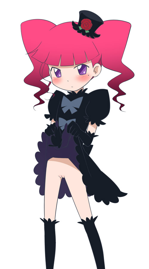youkan, marika (marie & gali), marie & gali, 00s, 1girl, blush, bottomless, cleft of venus, clothes lift, elbow gloves, female focus, gloves, goth fashion, gothic lolita, hat, loli, lolita fashion, no panties, pink hair, purple eyes, pussy, red hair, skirt, skirt lift, solo, top hat, twintails, uncensored