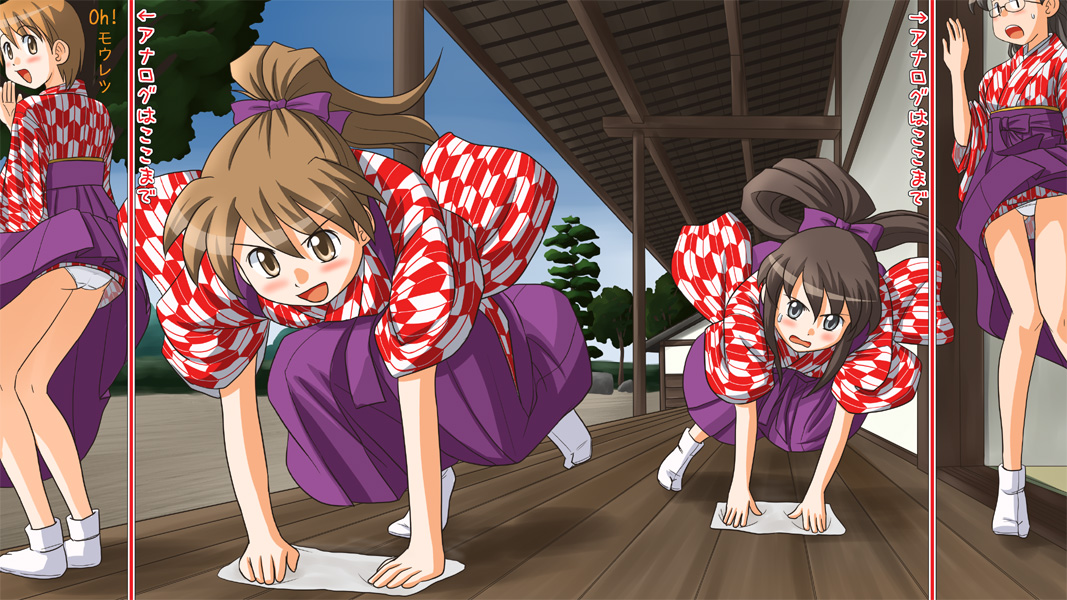 lielos, fujimoto atsuko, minazuki tomoko, poniko (lielos), sera haruna, original, 4girls, arrow print, ass, blush, brown eyes, brown hair, clothes lift, japanese clothes, meiji schoolgirl uniform, multiple girls, panties, pantyshot, ponytail, racing, skirt, skirt lift, sweatdrop, tabi, underwear, upskirt, white panties, wind, wind lift, yagasuri