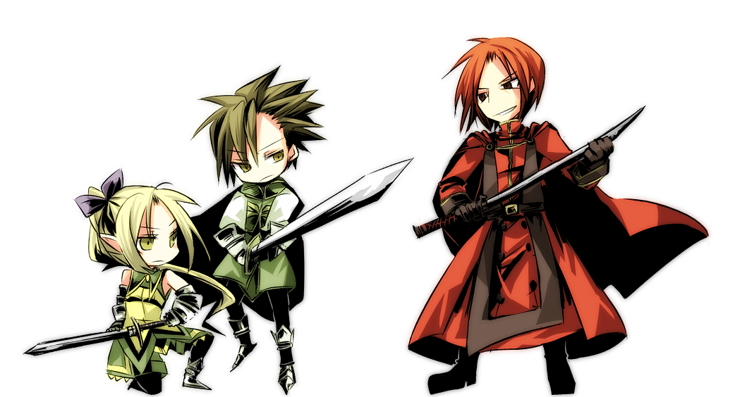 aruya (flosrota), yata (pixiv fantasia), pixiv fantasia, pixiv fantasia 3, bad id, bad pixiv id, 1girl, 2boys, blonde hair, brown hair, chibi, multiple boys, red hair, sword, weapon