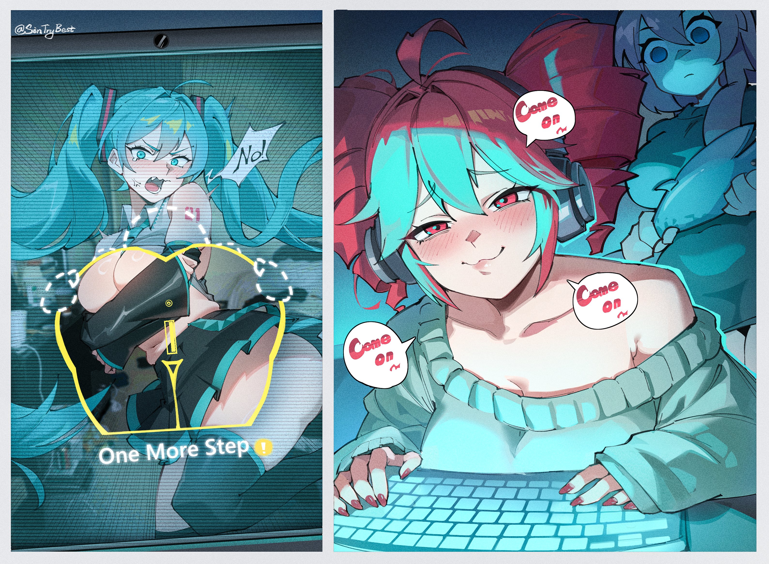 sin (sintrybest), hatsune miku, kasane teto, megurine luka, utau, vocaloid, commentary, english commentary, highres, 3girls, :3, anger vein, aqua eyes, aqua hair, artist name, black skirt, black thighhighs, blush, breasts, computer, computer keyboard, empty eyes, english text, fish, frown, furrowed brow, half-closed eyes, headphones, laptop, large breasts, long hair, long sleeves, looking at another, multiple girls, naughty face, navel, off-shoulder sweater, off shoulder, pleated skirt, red eyes, red hair, red nails, scanlines, screen light, skindentation, skirt, sleeves past wrists, speech bubble, stomach, sweater, thighhighs, twintails, twitter username, v-shaped eyebrows, very long hair