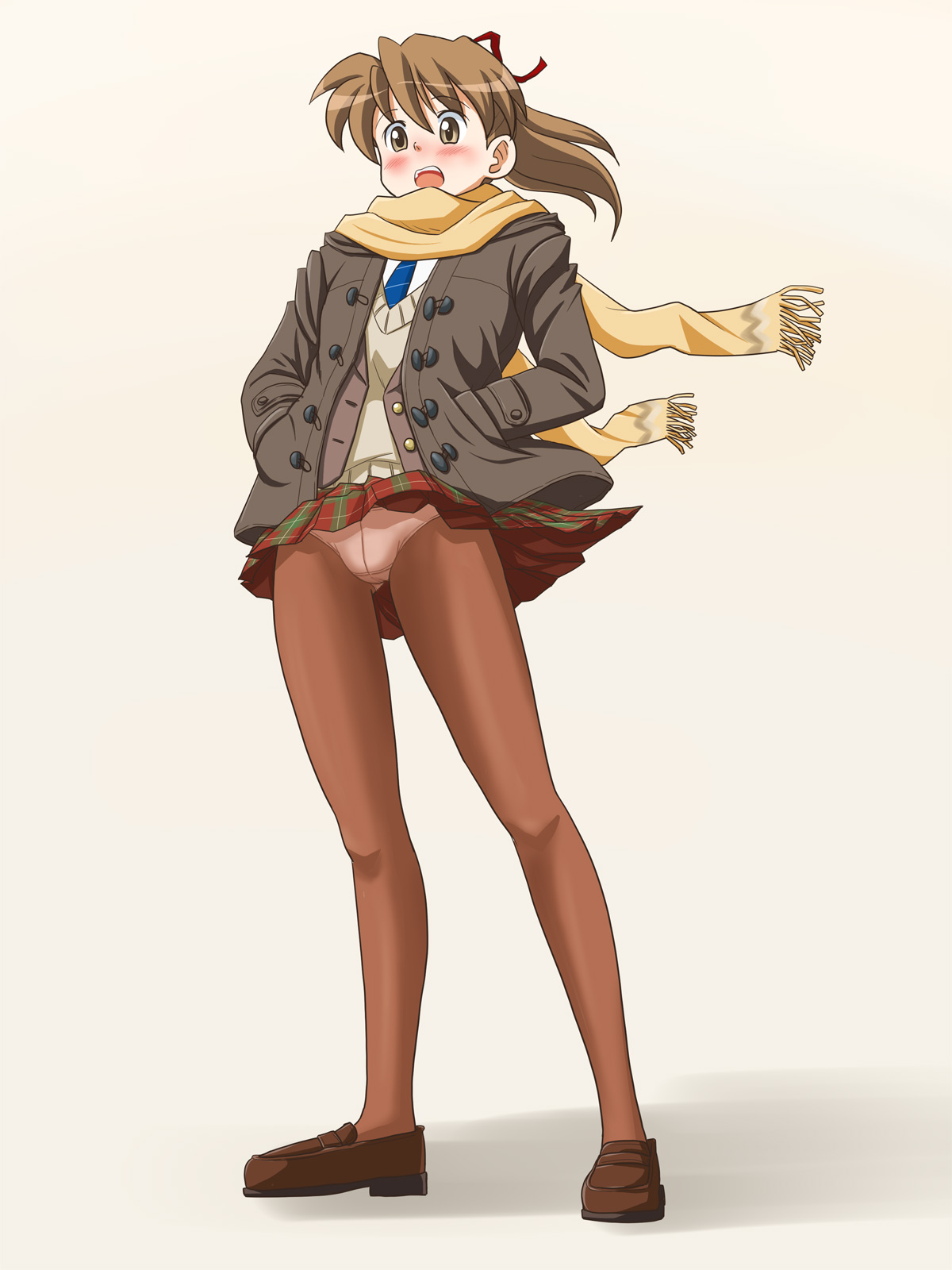 lielos, poniko (lielos), original, highres, 1girl, blush, brown eyes, brown hair, crotch seam, female focus, panties, panties under pantyhose, pantyhose, pantyshot, ponytail, scarf, school uniform, solo, underwear, upskirt, white panties, wind, wind lift