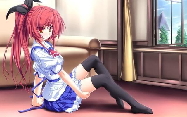 couch, long hair, orange eyes, red hair, ribbon, school uniform, sitting, thighhighs