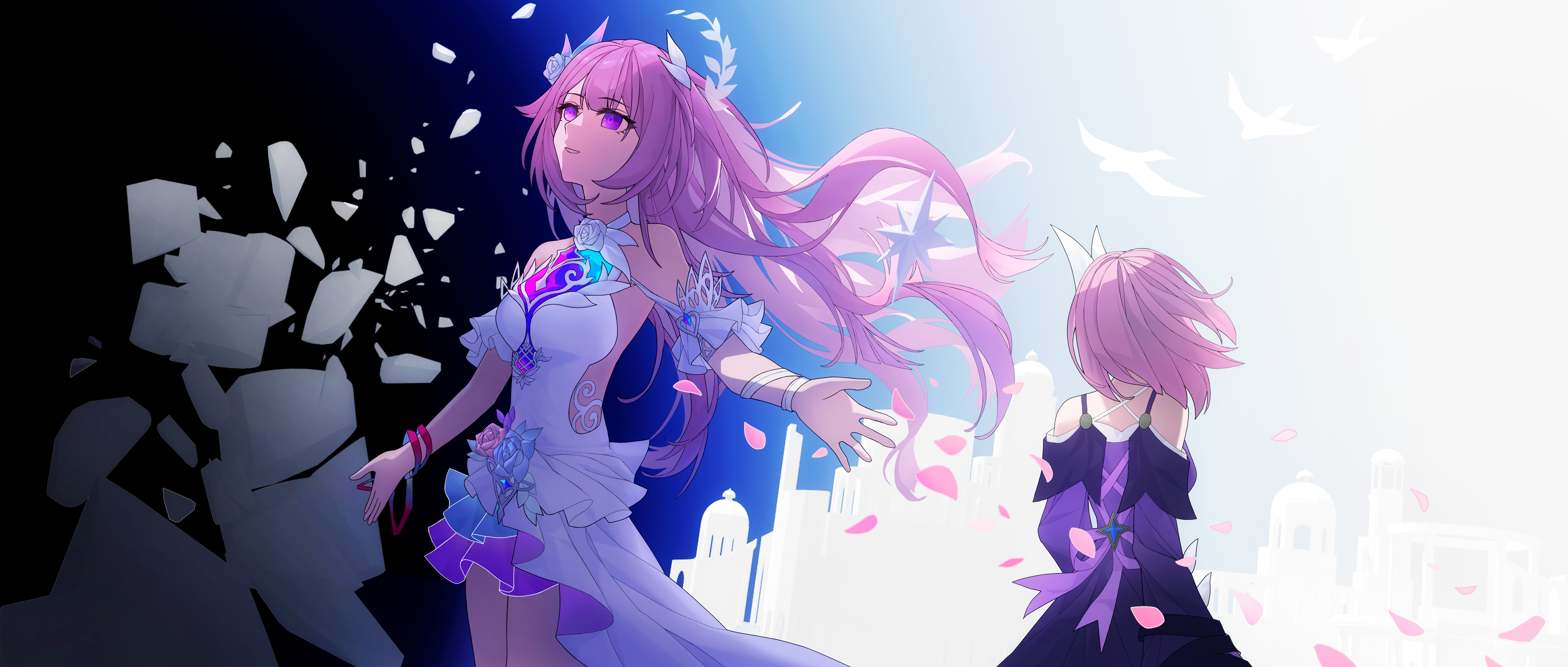 cyrene (honkai: star rail), cyrene (ripples of past reverie) (honkai: star rail), honkai: star rail, honkai (series), absurdres, commentary, english commentary, highres, 2girls, bare shoulders, breasts, coat, crystal shards, cyrene (aedes elysiae) (honkai: star rail), dress, dual persona, falling petals, hair ornament, halo, long hair, medium breasts, multiple girls, petals, pink hair, purple coat, purple eyes, shibai zhuyi moushi, short hair, very long hair, white dress