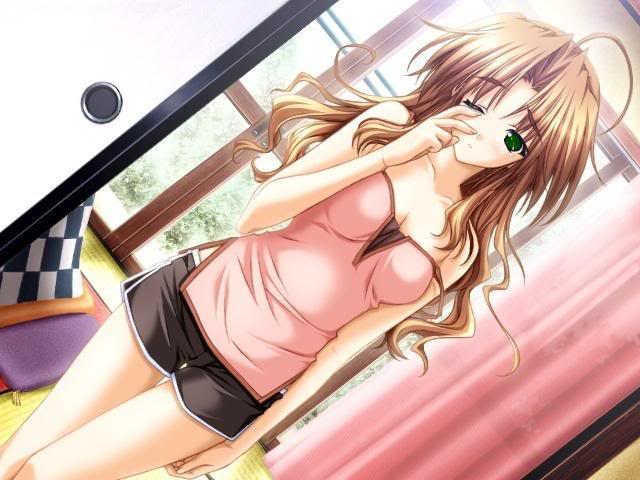 tired, tagme, blonde hair, breasts, cleavage, green eyes, long hair, thighhighs