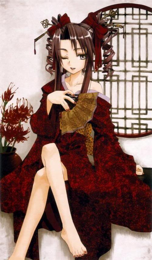 1girl, barefoot, brown hair, crossed legs, dress, feet, female focus, flower, hand fan, red dress, ringlets, solo, wink